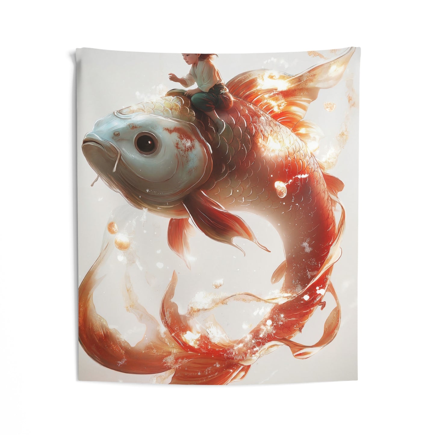 Child on Glowing Koi Indoor Wall Tapestries – Sunlit Dreamride Through Liquid Light