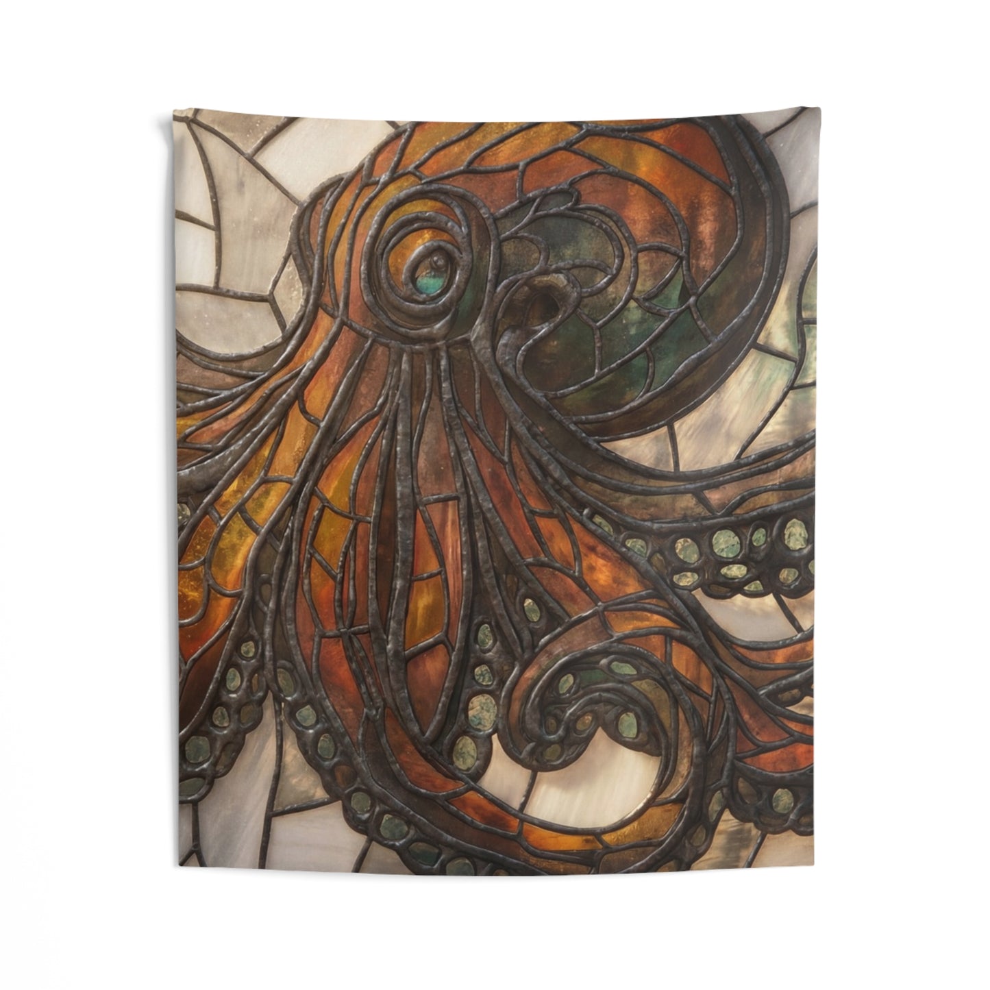 Stained Glass Octopus Wall Tapestry – Amber Tide Guardian