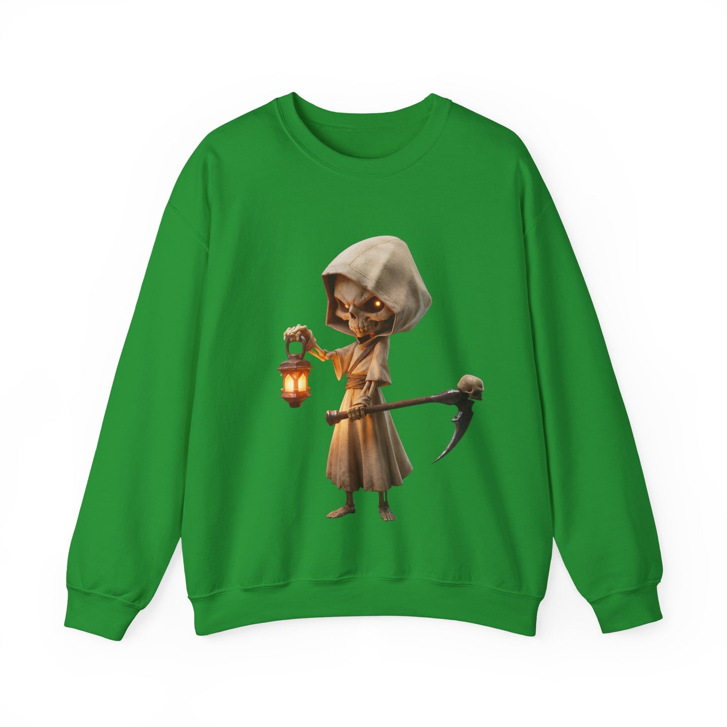 Lantern-Bearing Grim Reaper Unisex Heavy Blend™ Crewneck Sweatshirt – Ember-Lit Sentinel with Scythe and Skull-Capped Blade