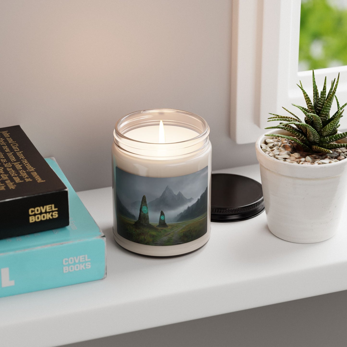 Twin Stone Portal Candle – Whispering Peaks & Glowing Glyphs