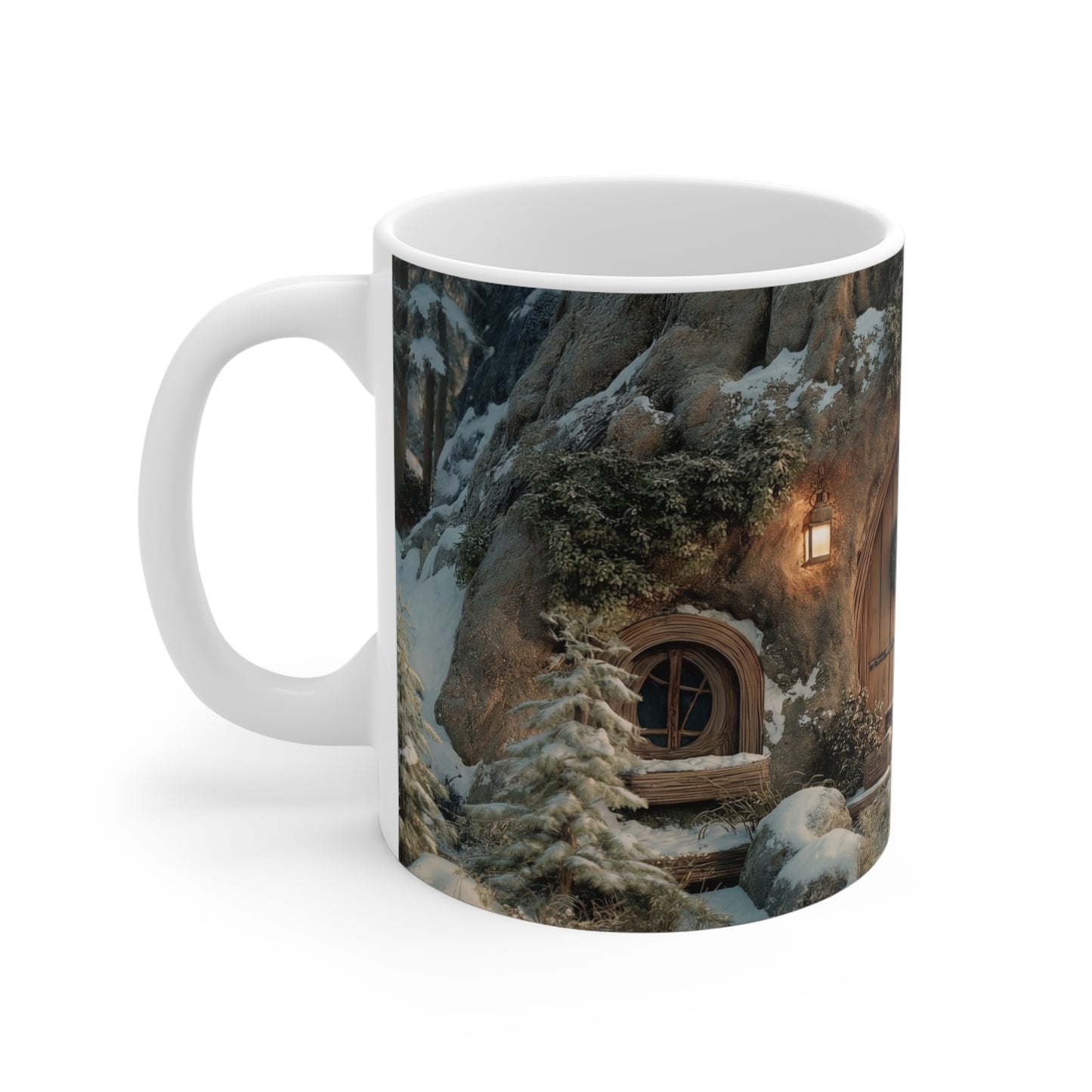 Winter Hollow Treehouse Mug – Warm Hearth Glow in Snow