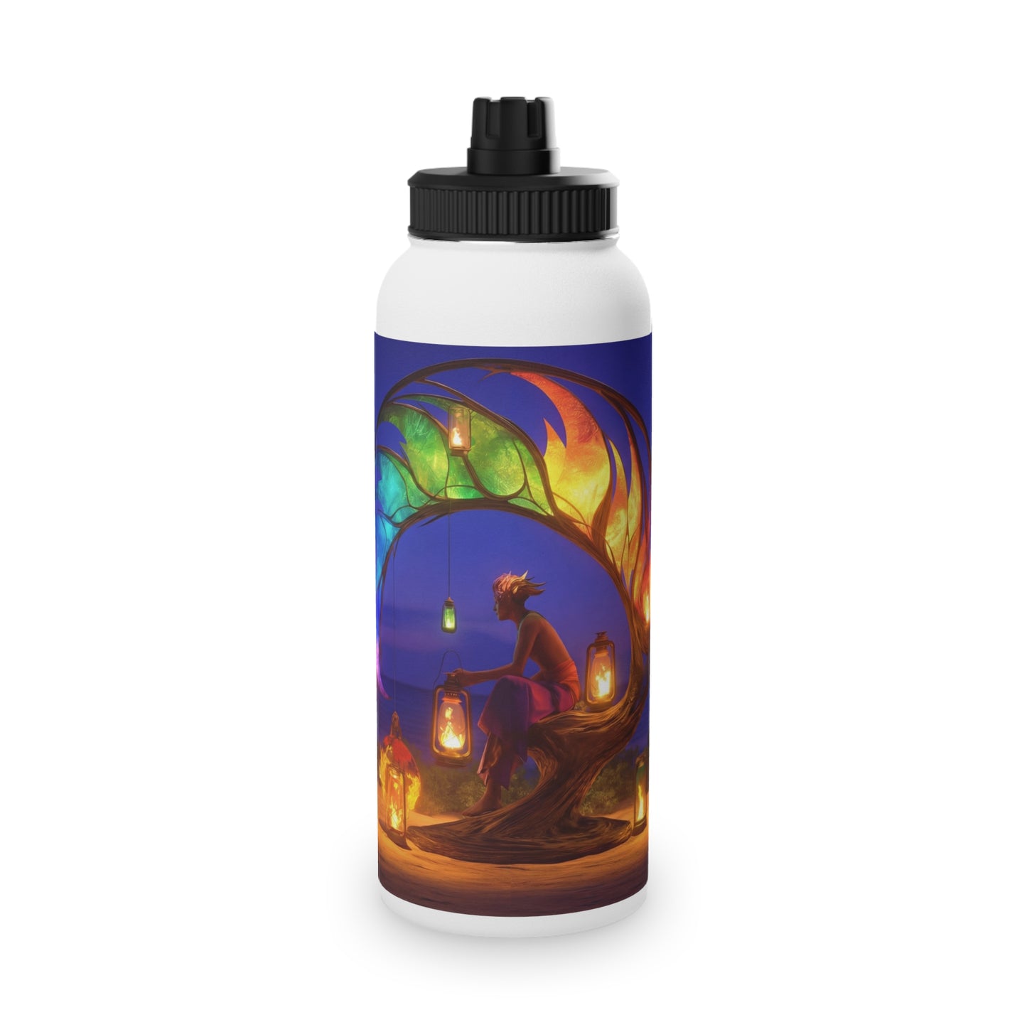 Luminous Phoenix Arch Water Bottle – Twilight Sanctuary with Hanging Lanterns
