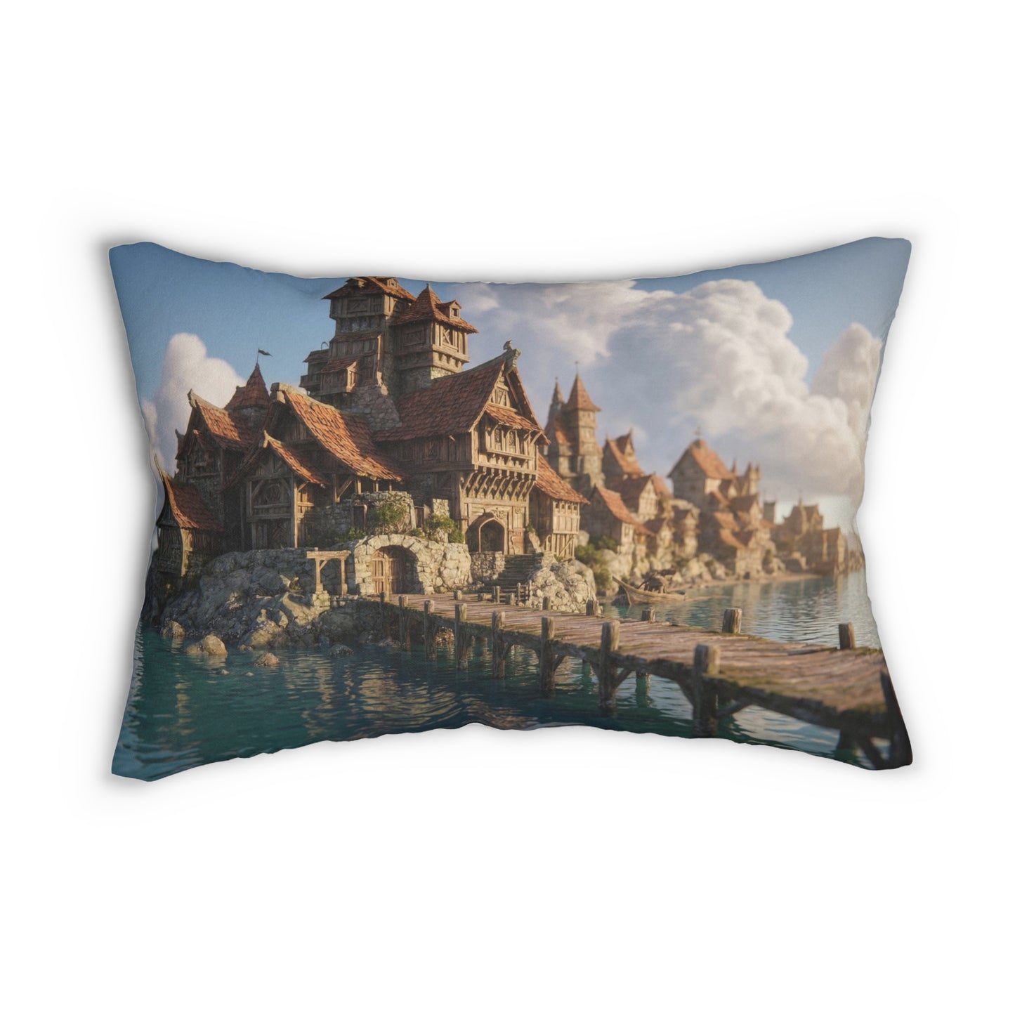 Coastal Viking Village Lumbar Pillow – Sunlit Harbor Whispers