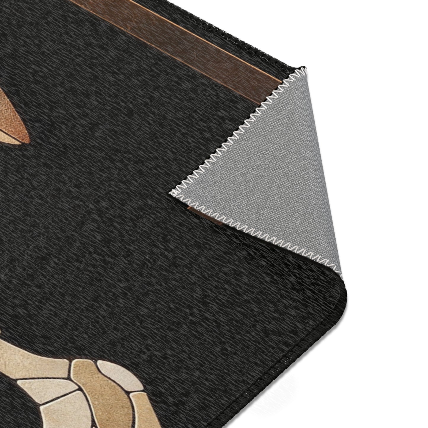 Mosaic Rabbit Skull Area Rug – Warm Earth Tones Against Deep Black