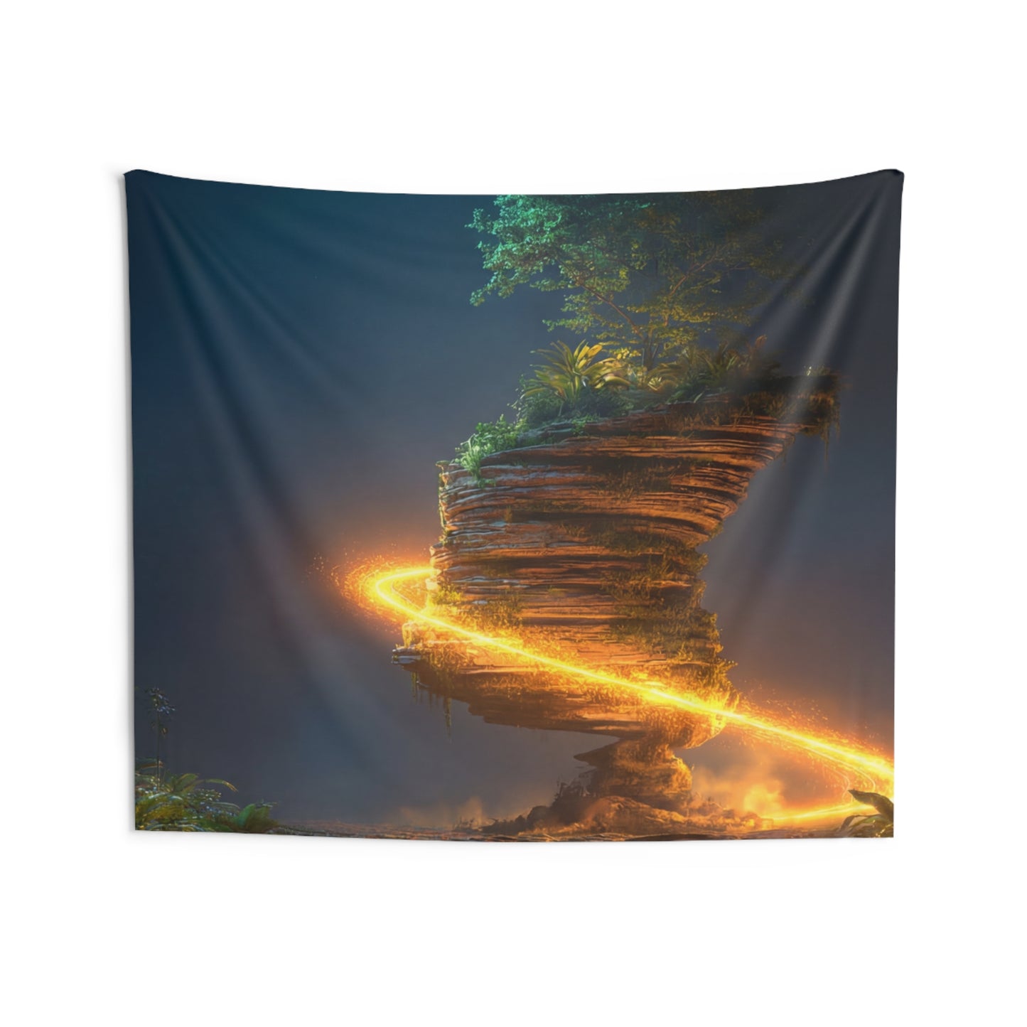 Floating Island Treehouse Tapestry – Celestial Glow Through Twilight Jungle