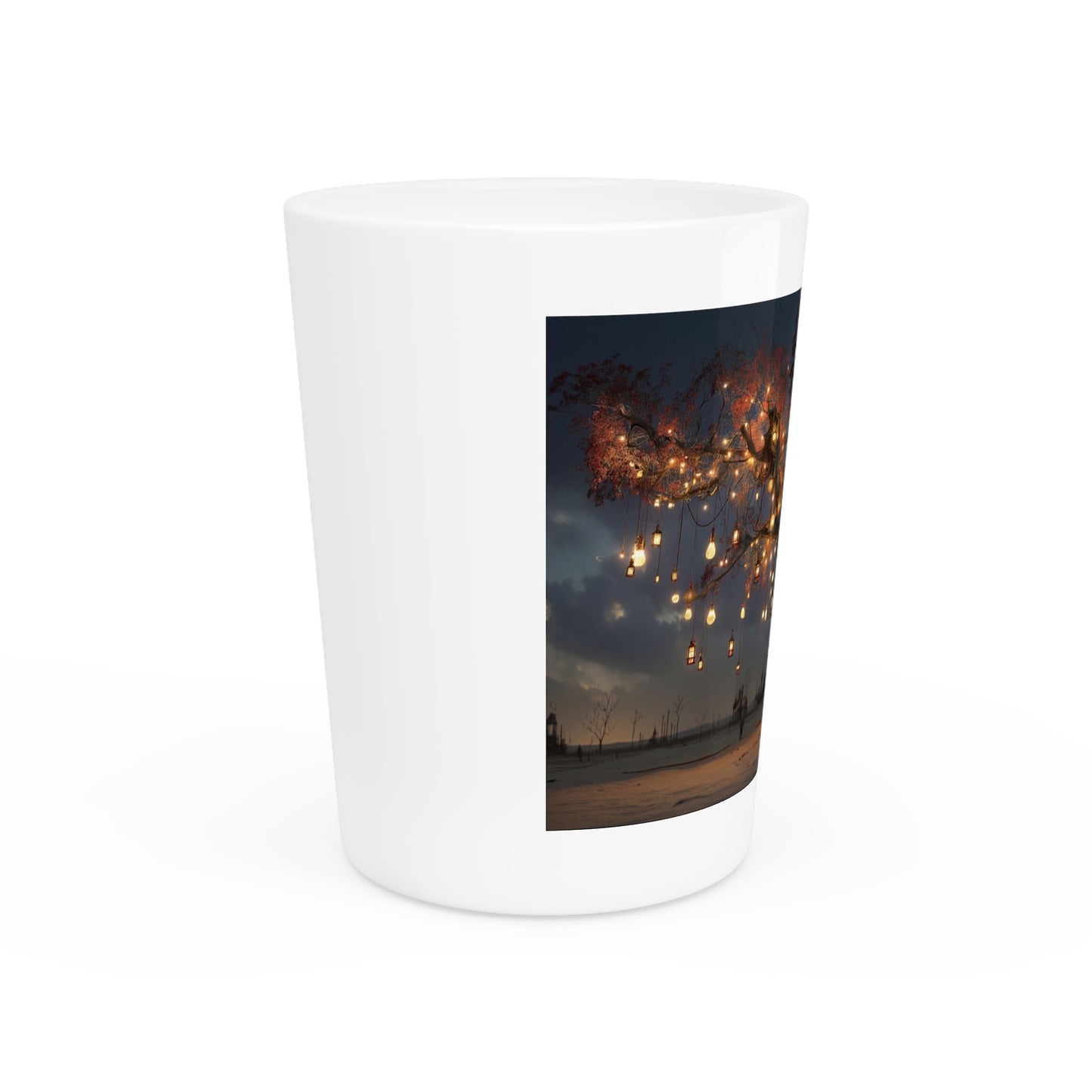 Lantern Tree Shot Glass – Glowing Canopy Against Twilight Sky