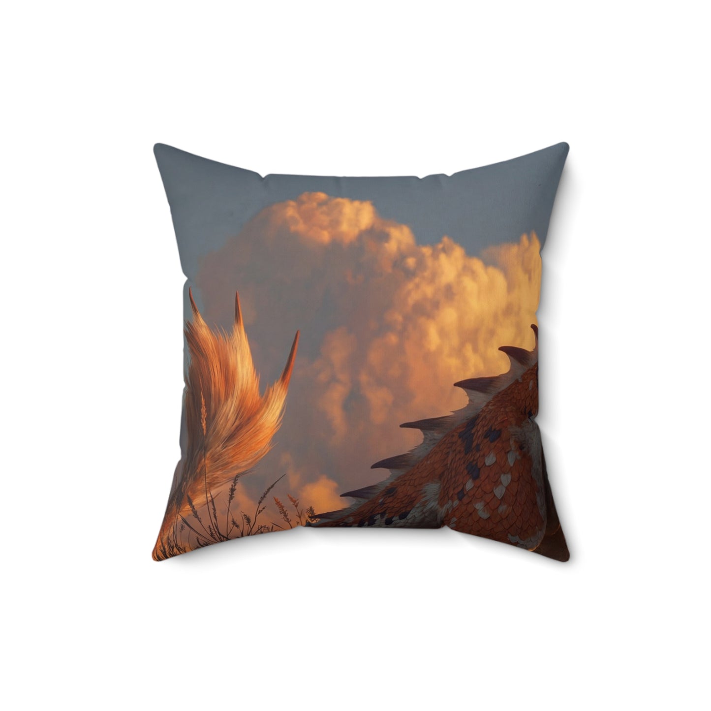 Sunset Sentinel Dragon Spun Polyester Square Pillow – Warm Amber Glow in Wild Grasses