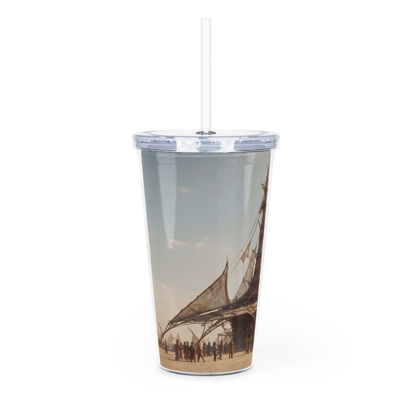 Desert Citadel Plastic Tumbler with Straw – Sun-Kissed Skyport Dreamscape