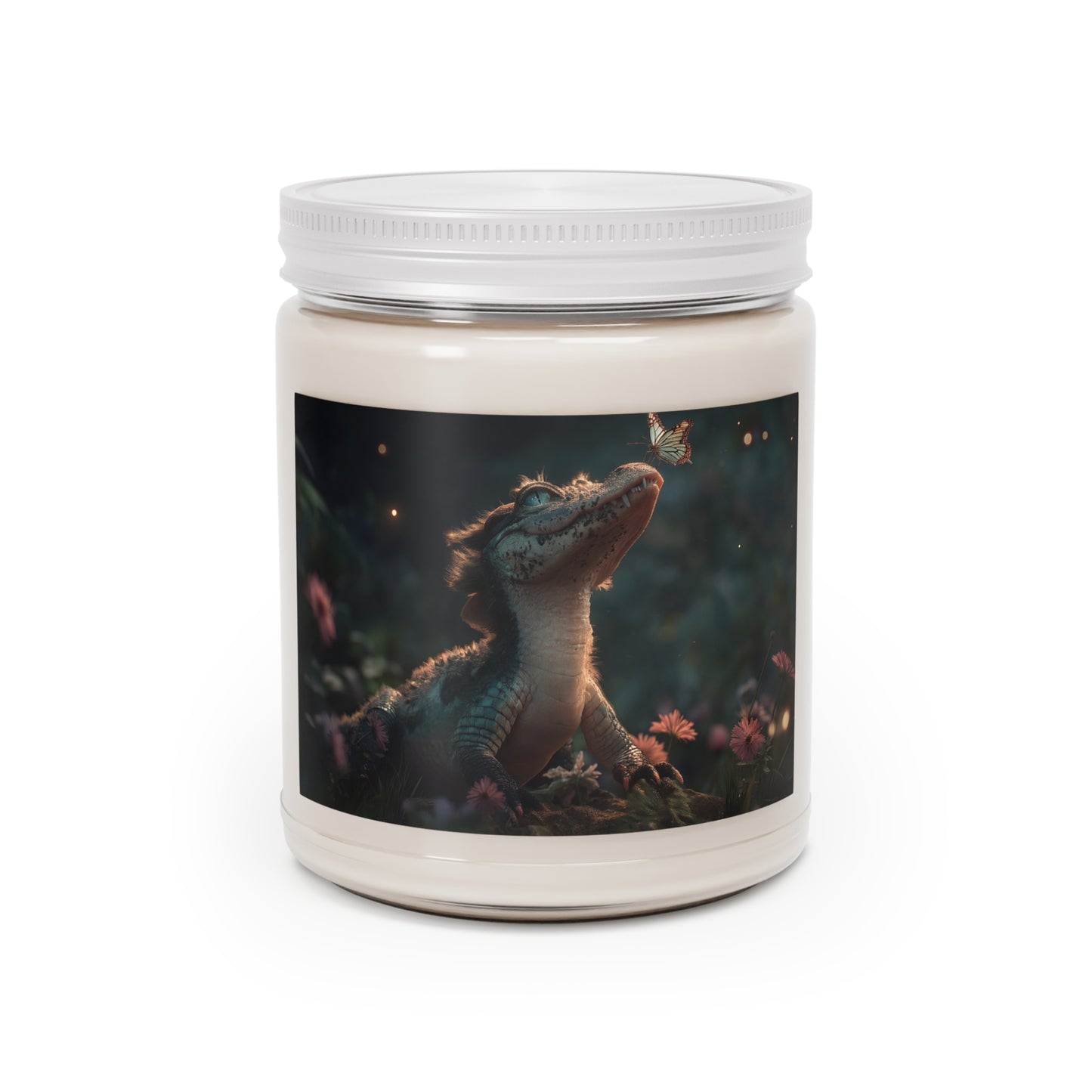 Gentle Crocodile & Butterfly Scented Soy Candles with White Lid, 9oz – Twilight Garden Whispers