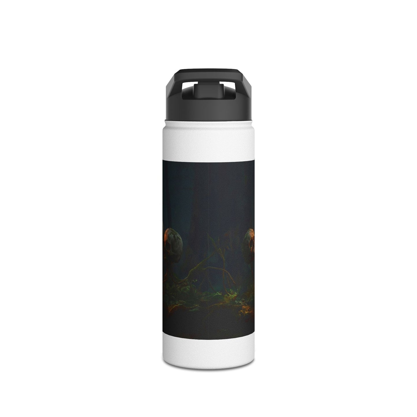 Glowing Lightbulb in Haunted Forest Stainless Steel Water Bottle, Standard Lid – Illuminated Wisdom Among the Ancient Bones