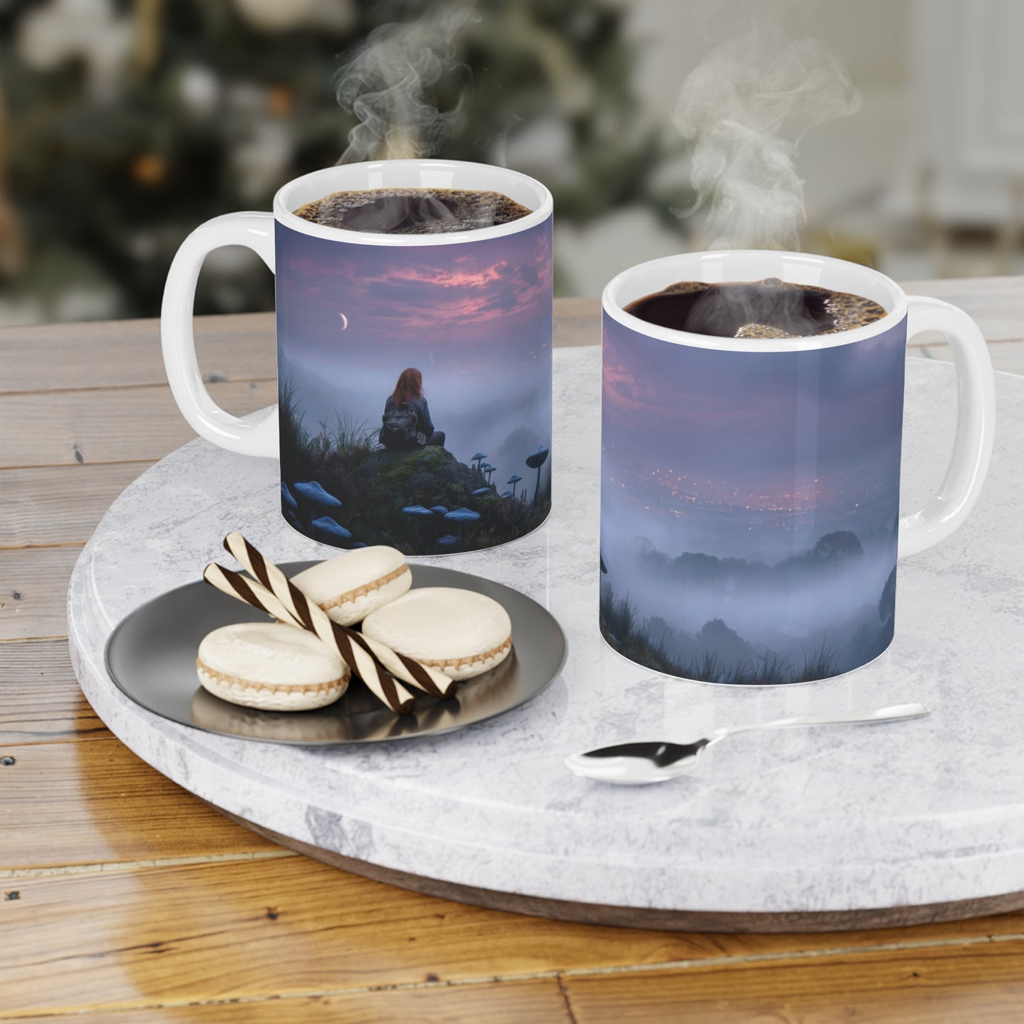Twilight Sentinel Ceramic Mugs (11oz\15oz\20oz) – Moonlit Peak and Misty Cityscape