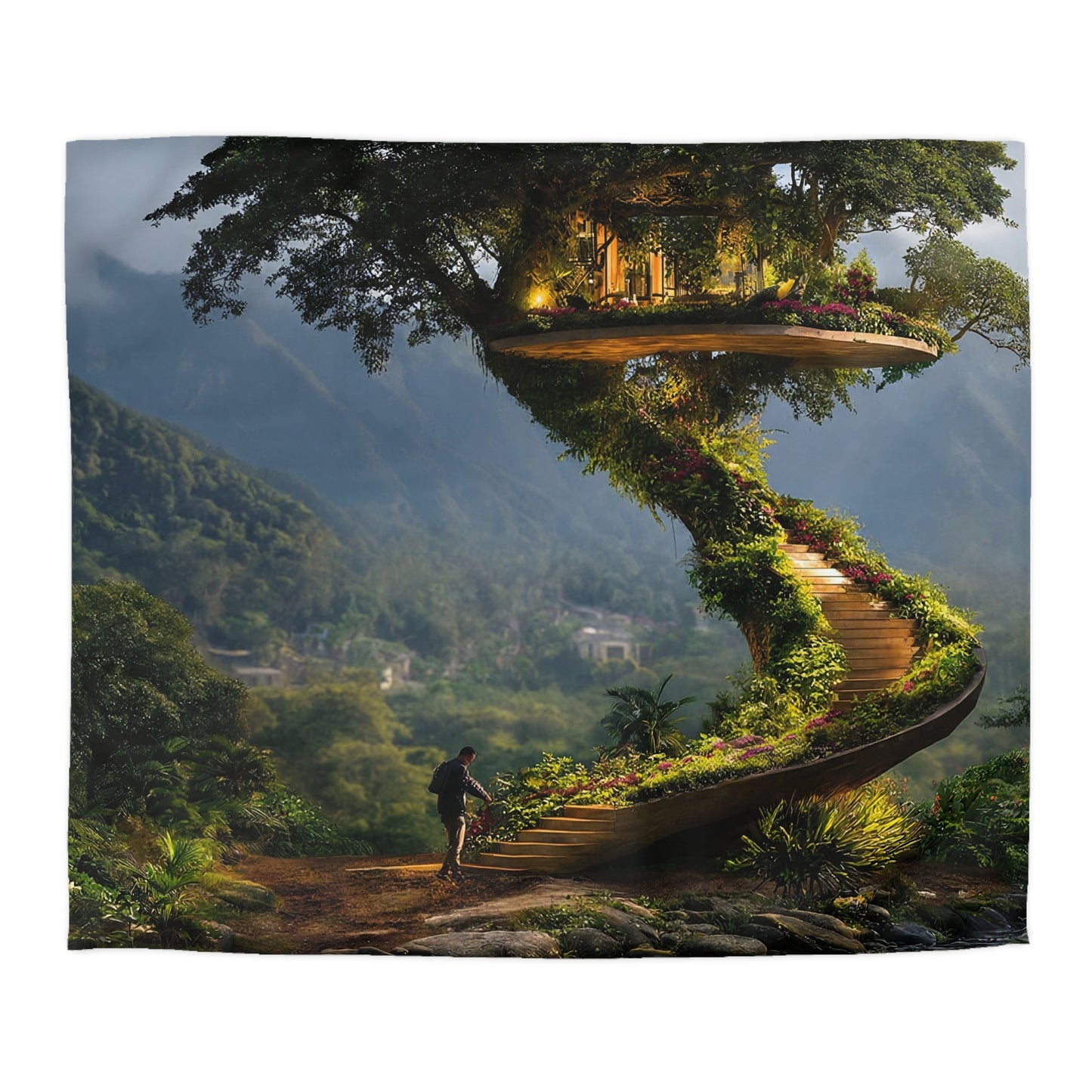Treehouse Sanctuary Microfiber Duvet Cover – Spiral Stairway to a Mountain Haven