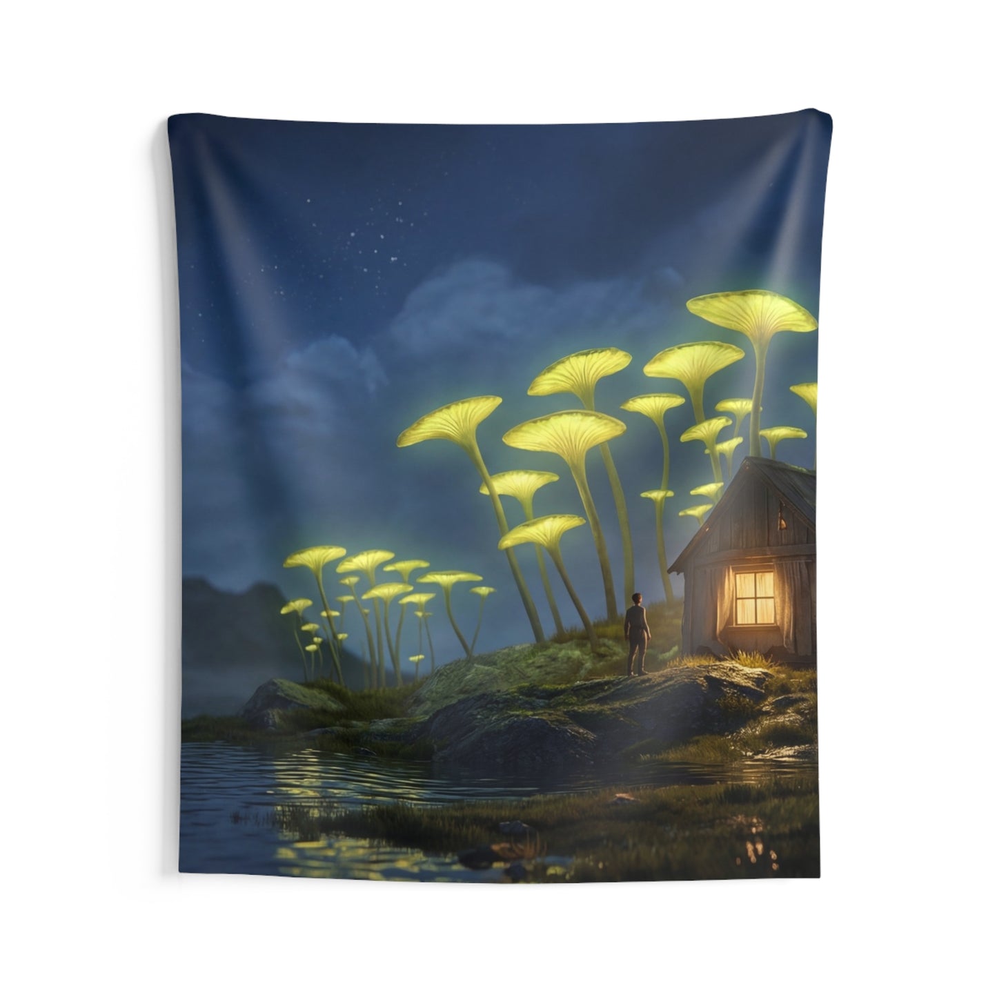 Luminescent Mushroom Cabin Wall Tapestry – Night’s Quiet Glow