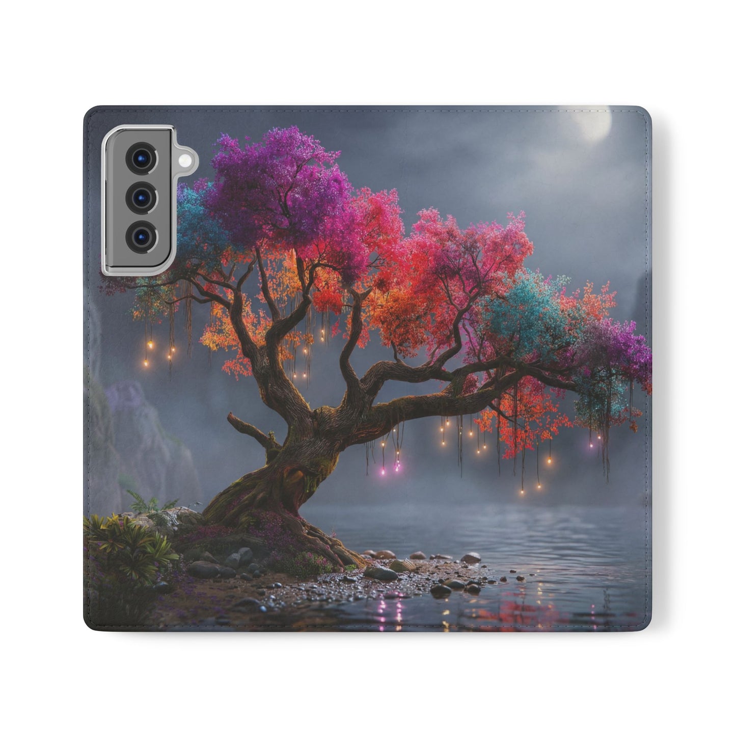 Chromatic Canopy Flip Cases – Rainbow Tree Moonlit Waterfall Scene