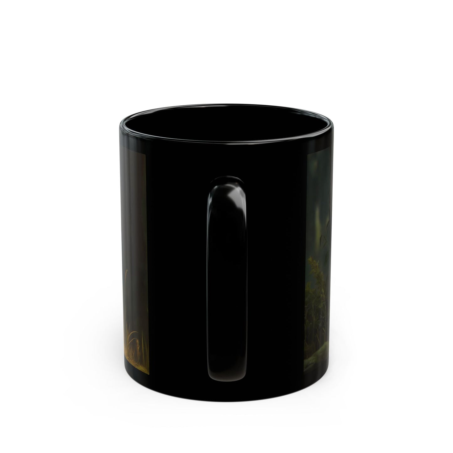 Forest Sentinel Black Mug – Glowing Eye Guardian in Twilight Grove