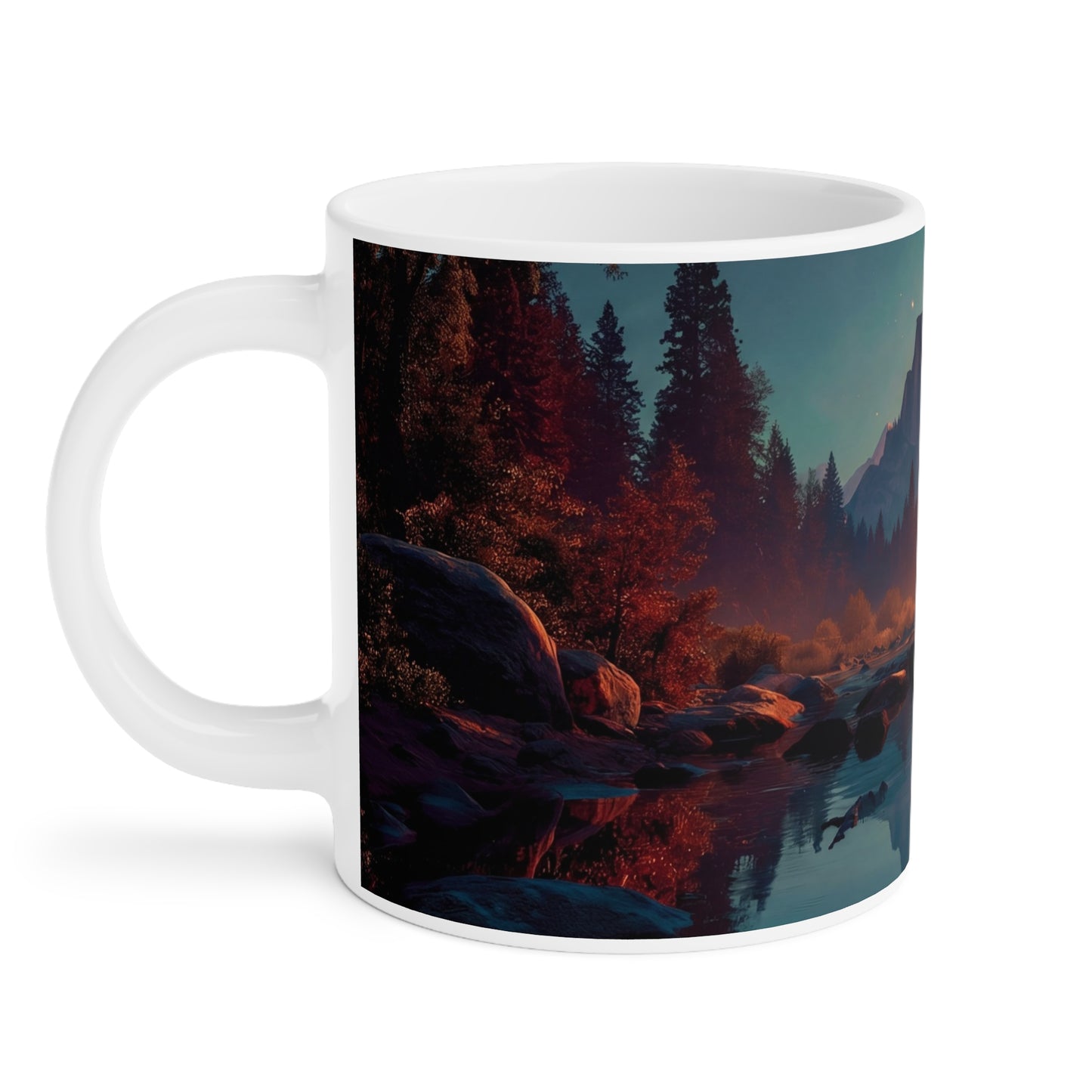 Starlit River Reflections Ceramic Mugs (11oz\15oz\20oz) – Half Dome’s Celestial Mirror