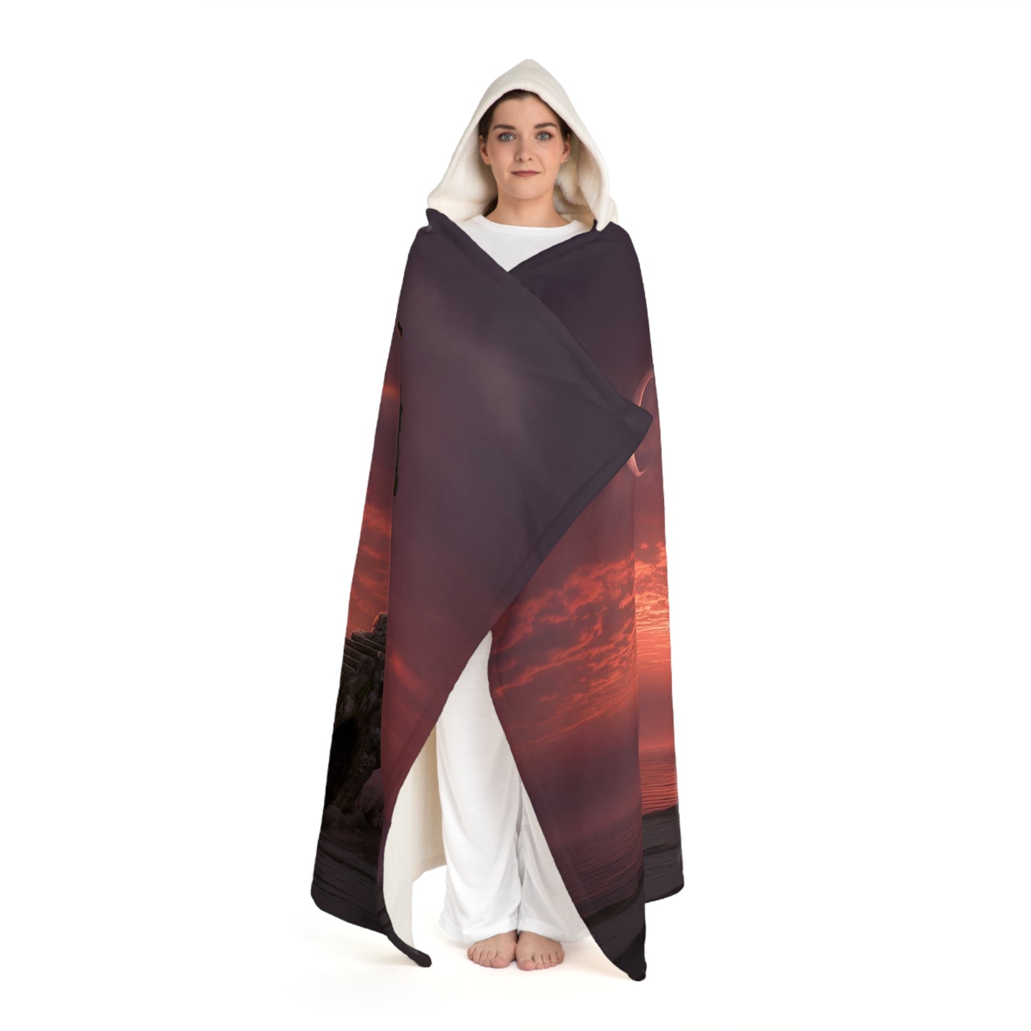 Crimson Horizon Staircase Hooded Sherpa Fleece Blanket – Twilight Sentinel’s Ascent to the Moonlit Cusp