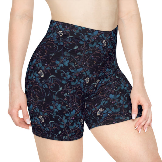 tiling floral pattern of thorns and flowers and vines and leaves, dark rich colors, deep blue background of velvet, fancy, intricate, ornate, by mucha - Women's Biker Shorts