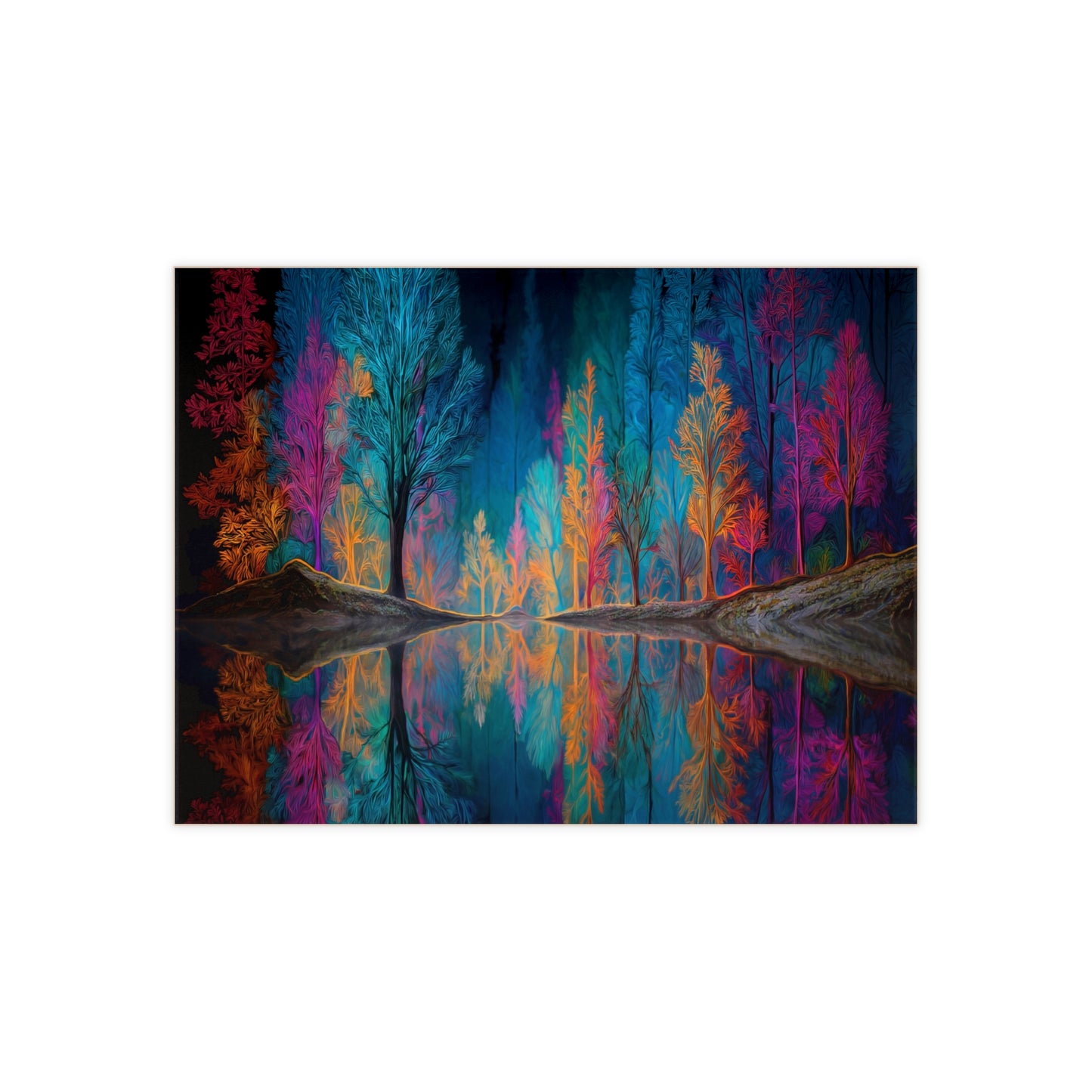 Chromatic Forest Reflection Ceramic Photo Tile – Where Nightglow Meets Water