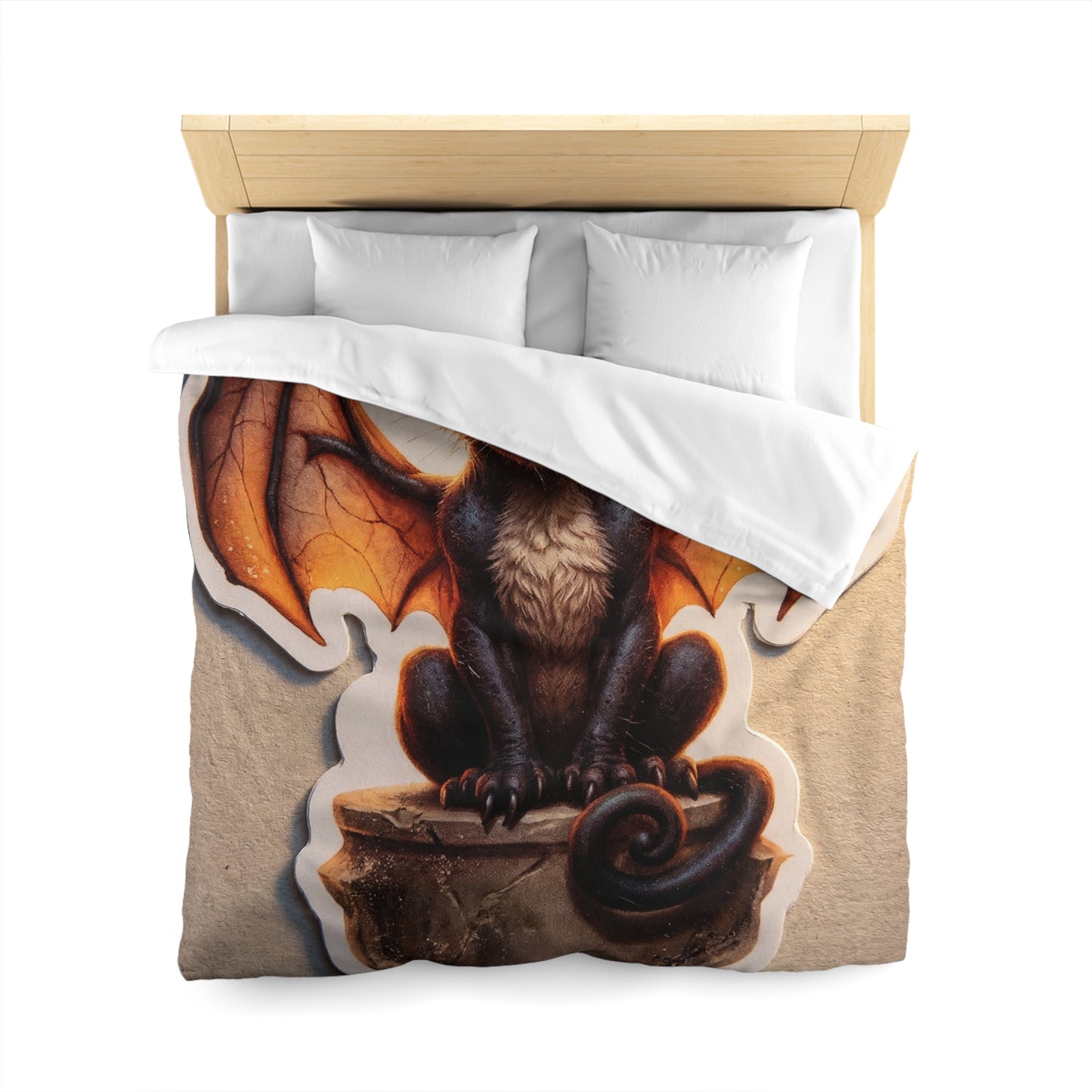 Winged Feline Sentinel Microfiber Duvet Cover – Amber Glow in Shadowed Gaze