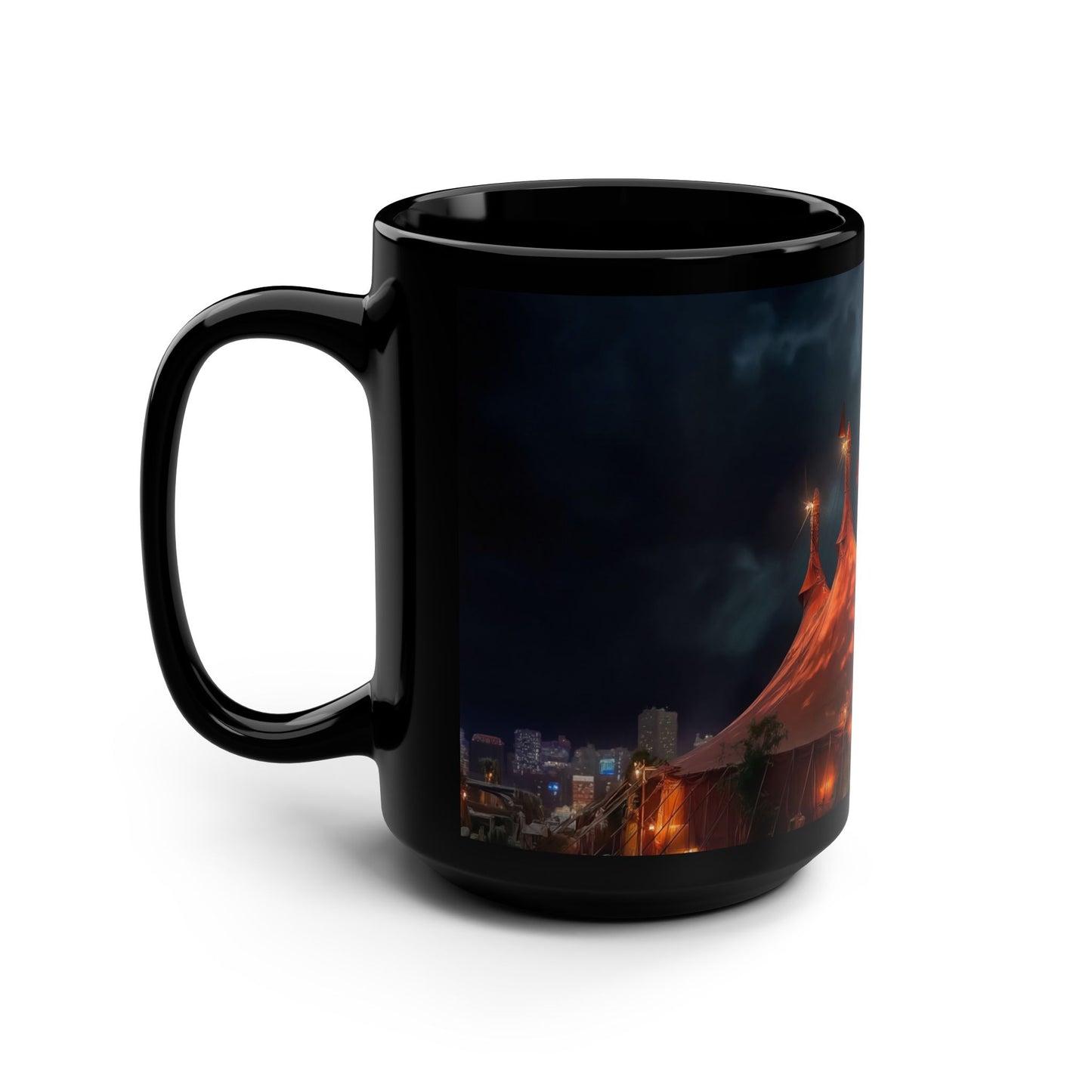Storm Circus Tent Black Mug, 15oz – Gothic Carnival Under Thunder