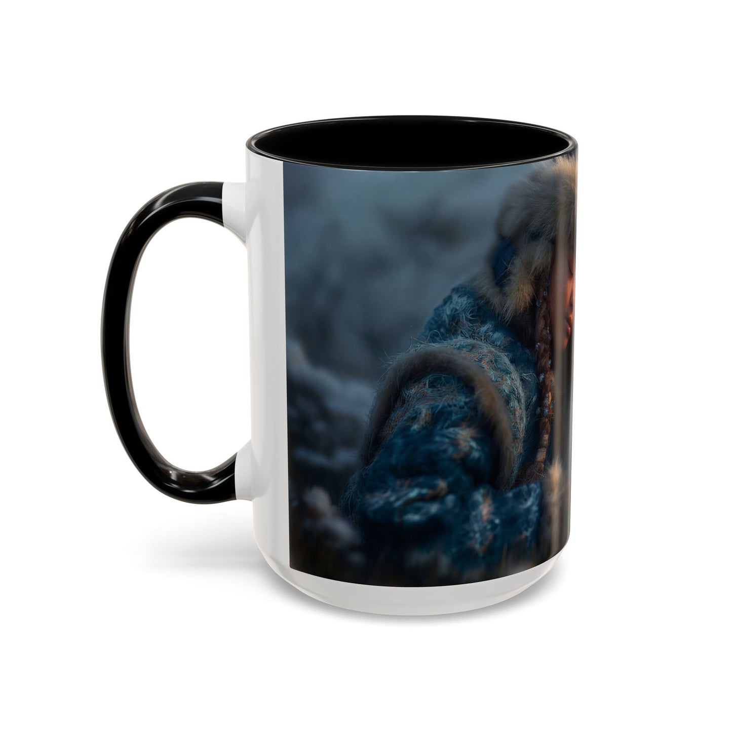 Winter Guardian Accent Coffee Mug (11, 15oz) – Fur-Hooded Child Sleeping Beside White Dragon Sentinel