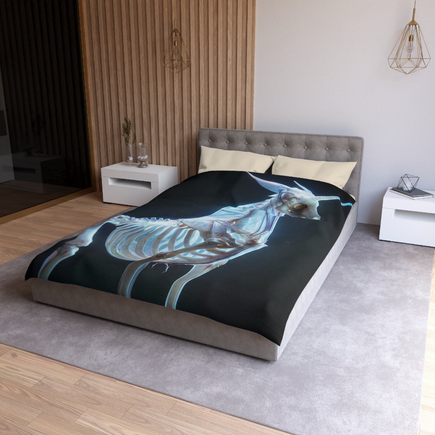 Celestial Unicorn Skeleton Duvet Cover – Ethereal Bone Dreamscape