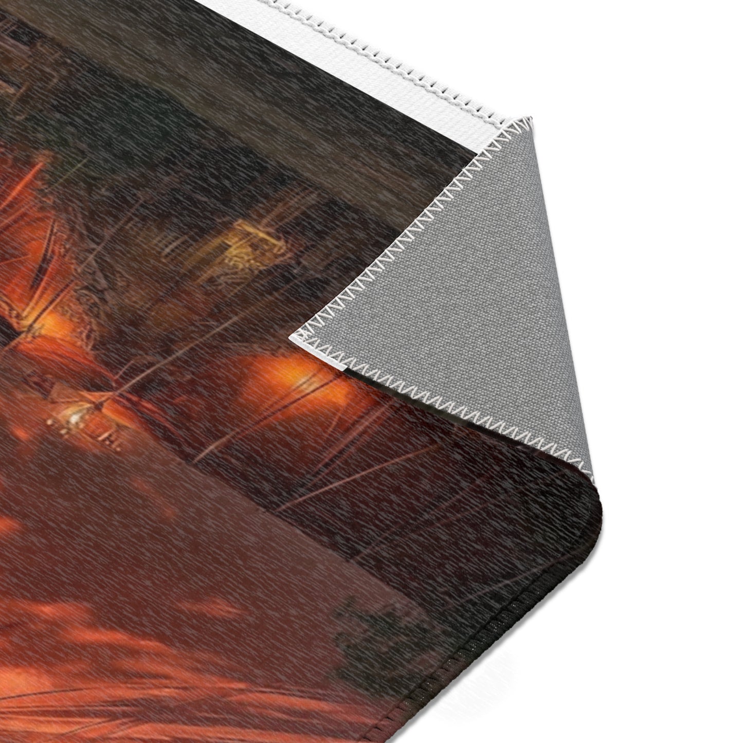 Crimson Carnival Tent Rug – City Skyline Under Thunderous Canopy