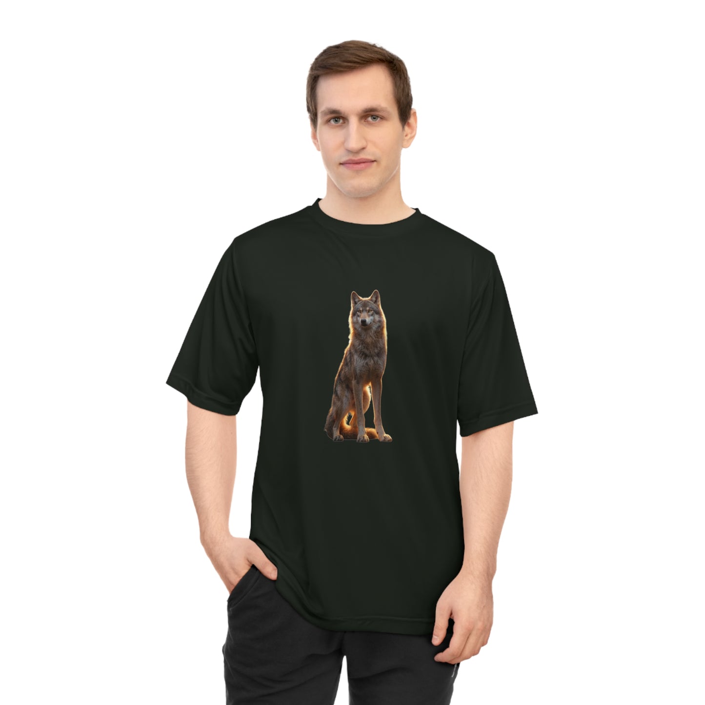 Golden Hour Wolf Unisex Zone Performance T-shirt – Sentient Silhouette at Twilight