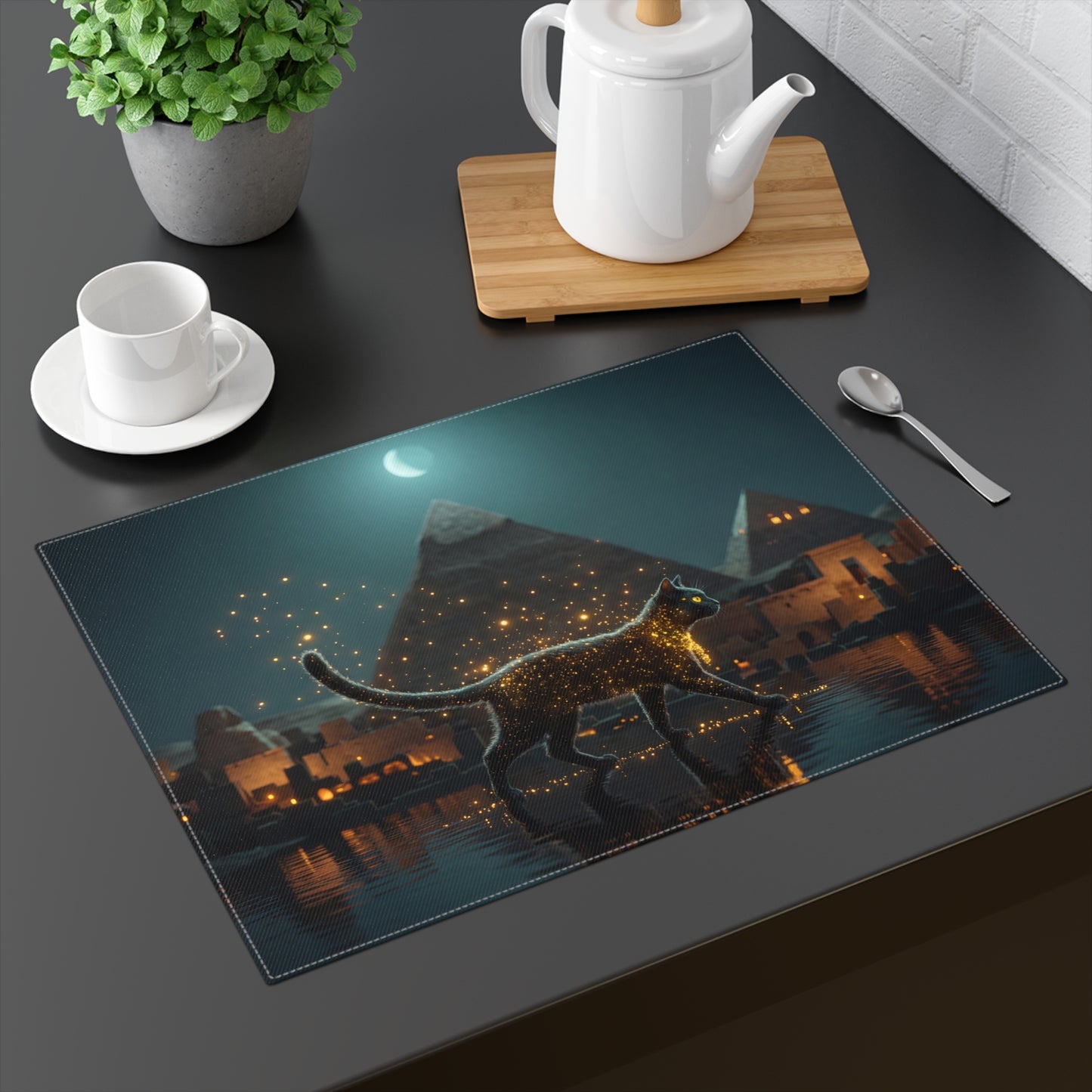 Starlit Cat Placemat – Egyptian Nightwalk with Pyramids
