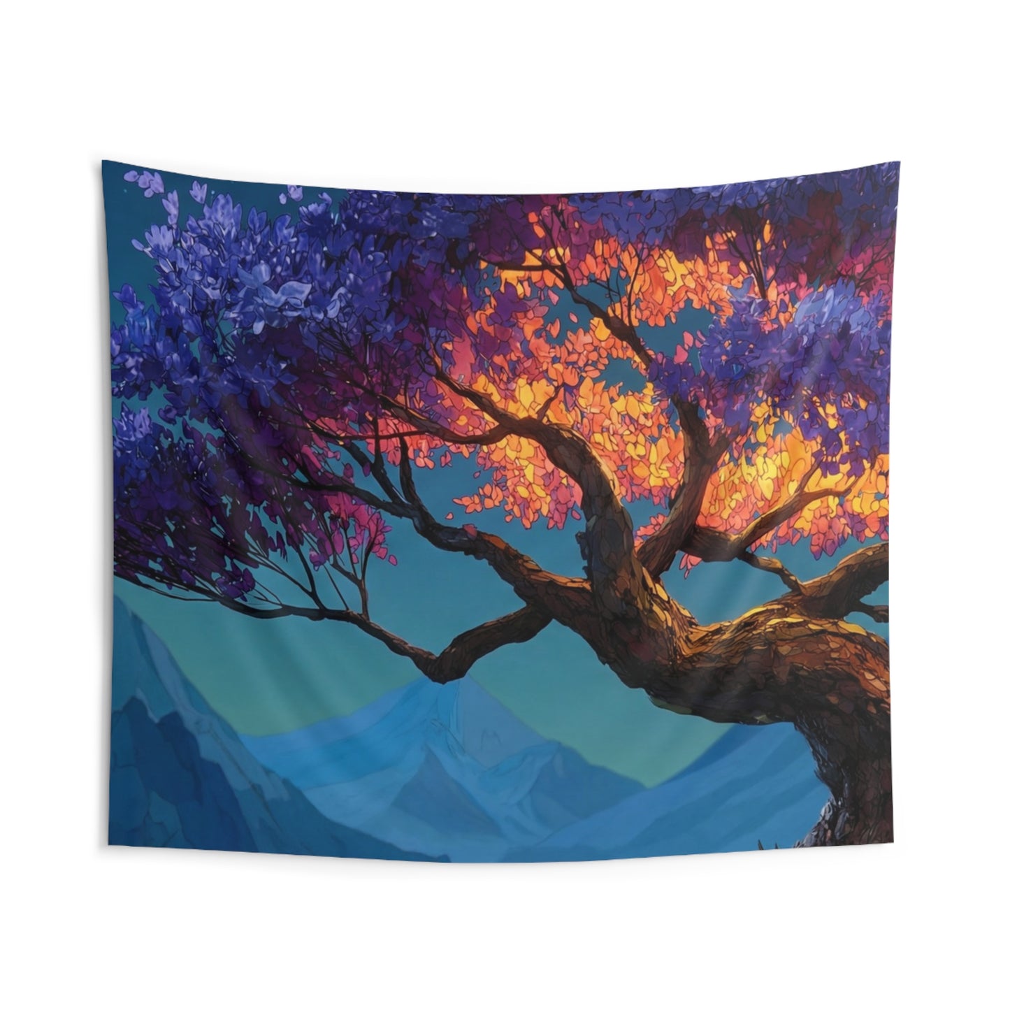 Celestial Tree Wall Tapestry – Twilight Bloom in Mountain Vale