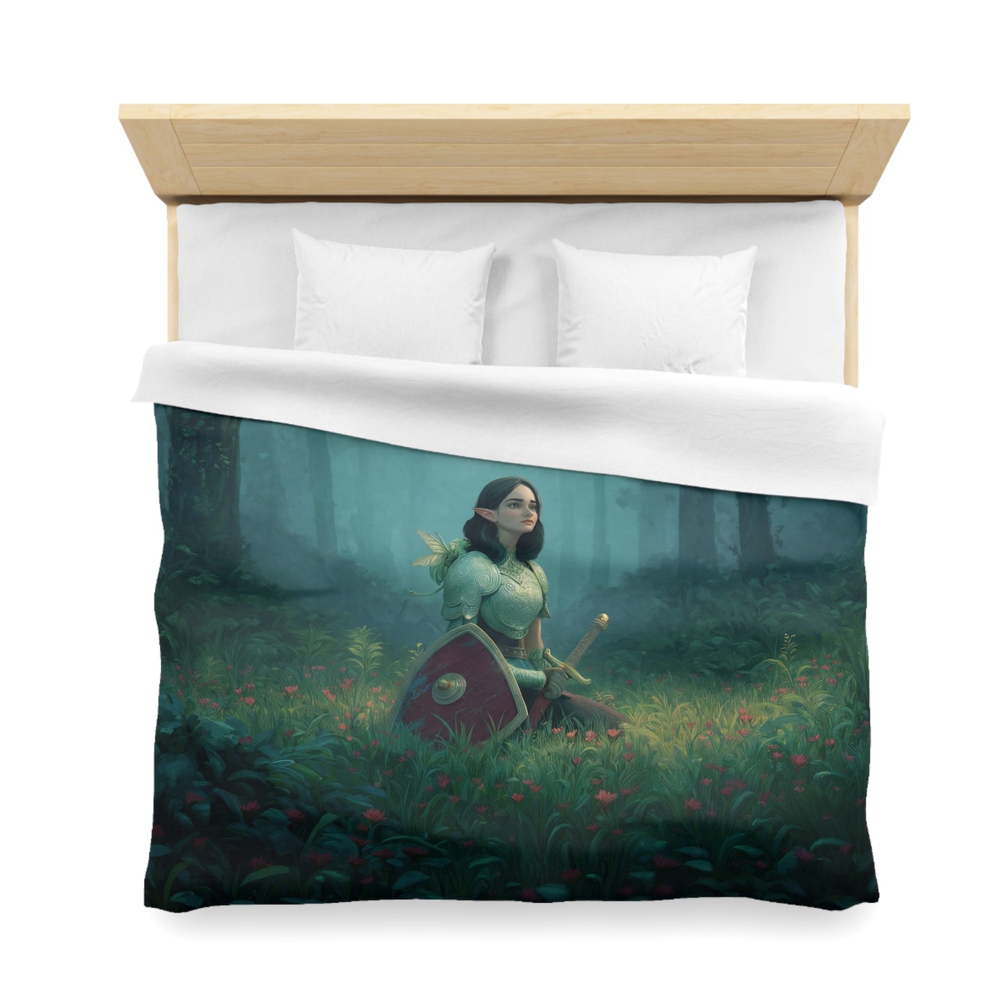 Sentinel Elf Forest Guardian Duvet Cover – Misty Grove Knight Resting Scene