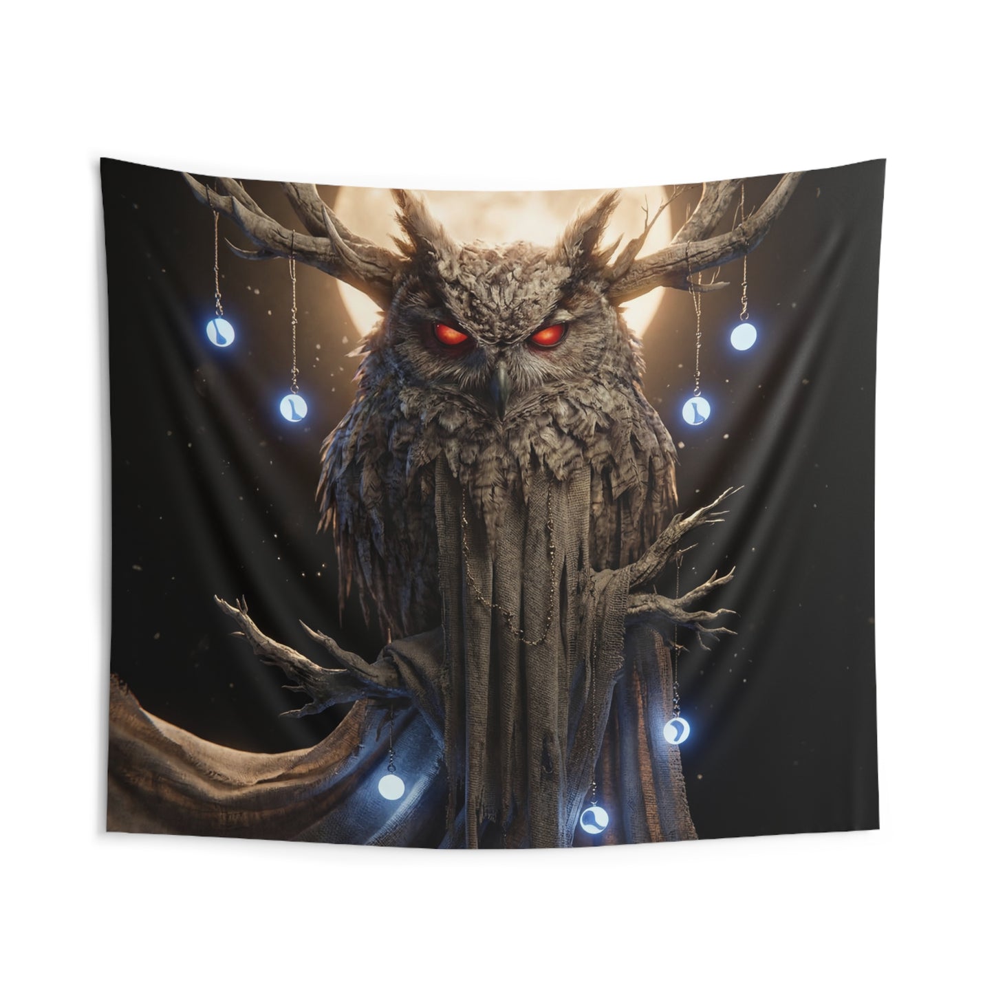 Moonlit Owl Sentinel Indoor Wall Tapestries – Crimson-Eyed Watcher Beneath the Full Moon