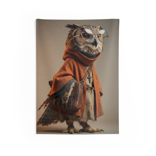 Wise Owl Scholar Tapestry – Warm Light, Worn Textiles, and Gentle Curiosity
