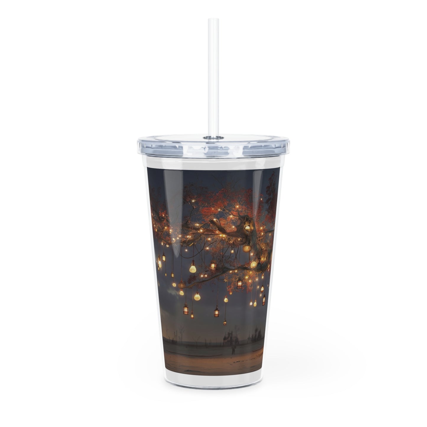 Lantern Tree Plastic Tumbler with Straw – Glow of a Forgotten Grove