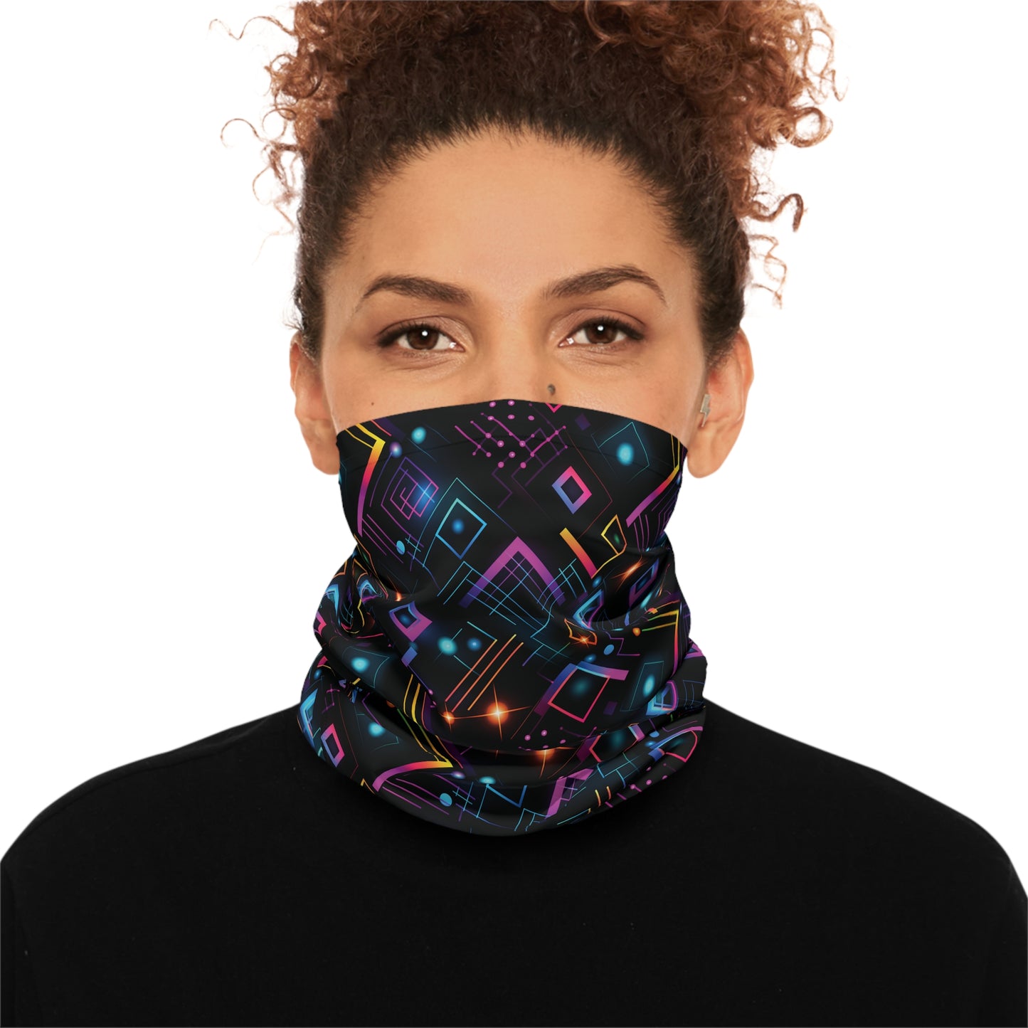 "A tiling pattern of abstract geometric shapes in neon colors with laser beam accents on a black background" - Lightweight Neck Gaiter