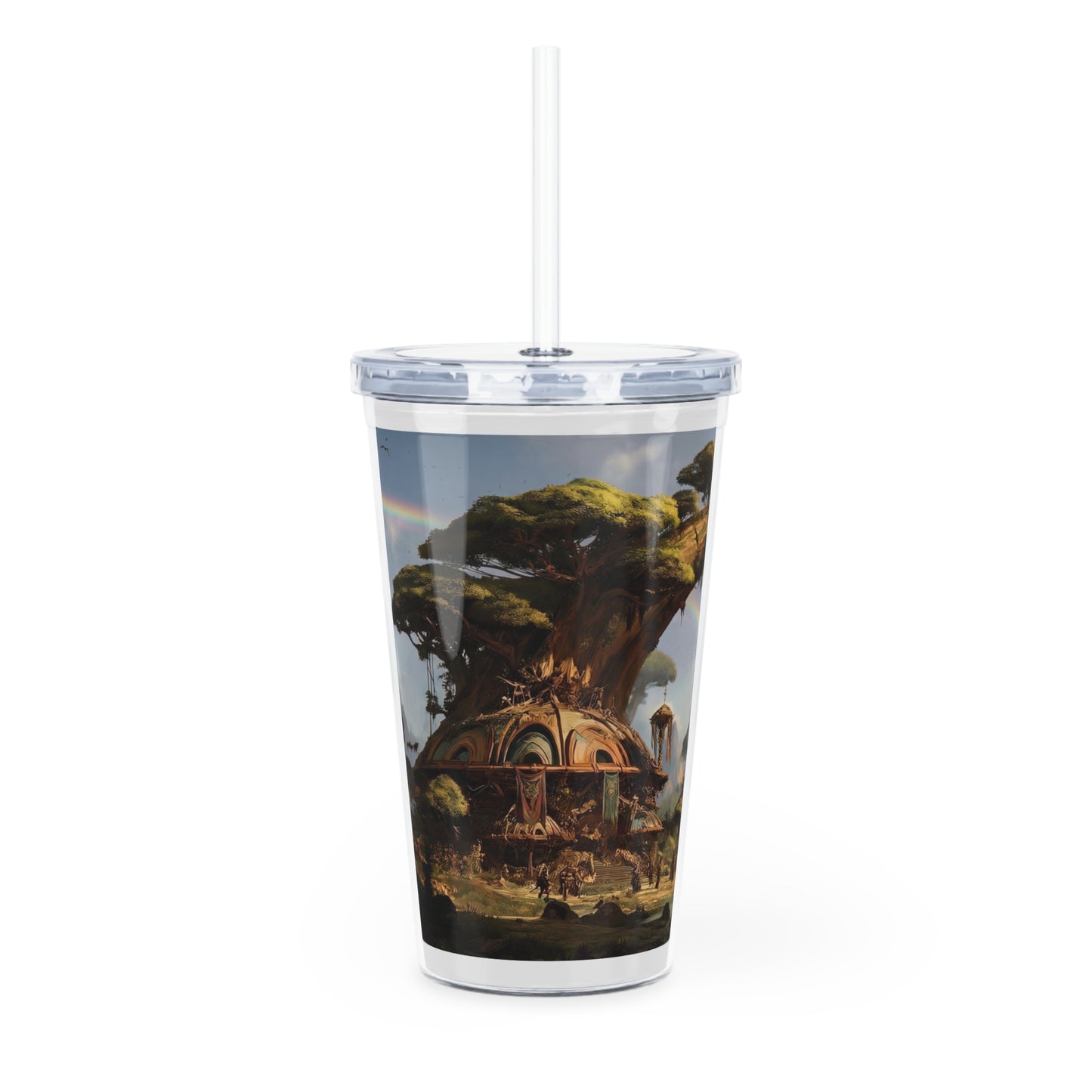 Arcane Treebridge Tumbler with Straw – Where Legends Gather Beneath Twin Rainbows