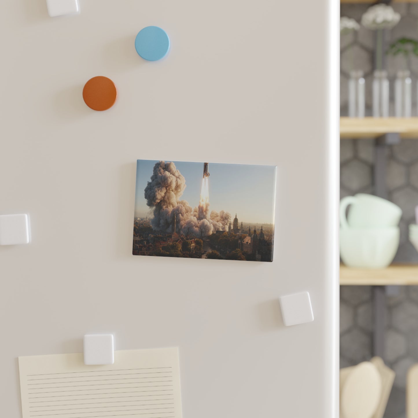 Rocket Launch Over Amsterdam Button Magnet, Rectangle (1 & 10 pcs) – Dawn’s Vertical Escape
