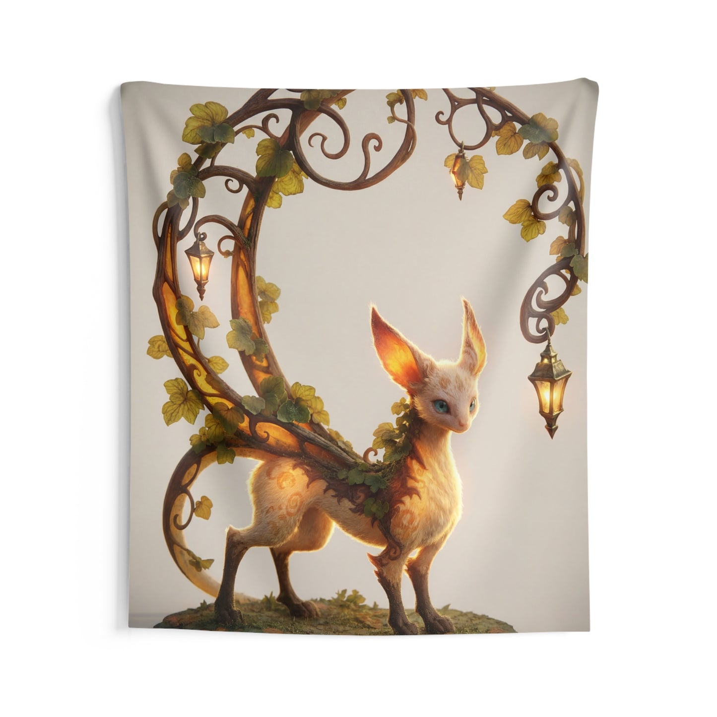 Moonlit Fox Sentinel Indoor Wall Tapestries – Whimsical Lantern Archway Guardian