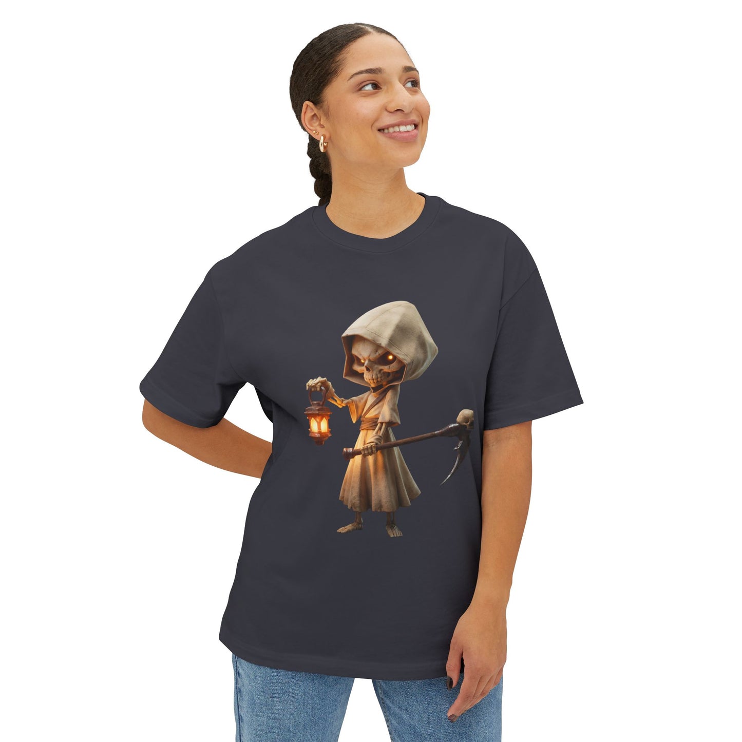 Lantern-Bearing Reaper Oversized Boxy Tee – Hooded Sentinel with Scythe and Warm Glow
