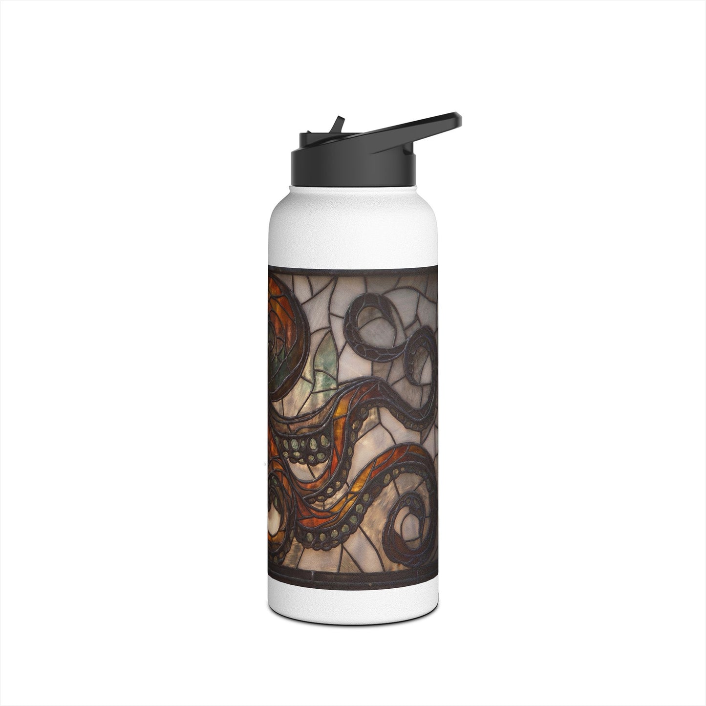 Stained Glass Octopus Water Bottle – Amber Depths and Iron Lace