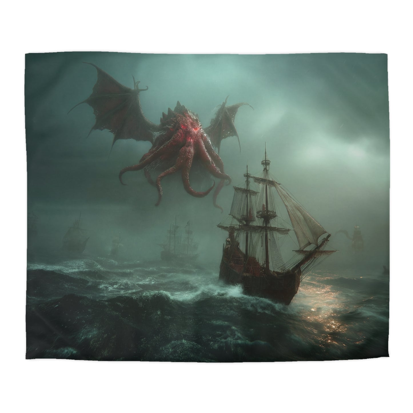 Leviathan Sentinel Microfiber Duvet Cover – Crimson Winged Guardian Seascape