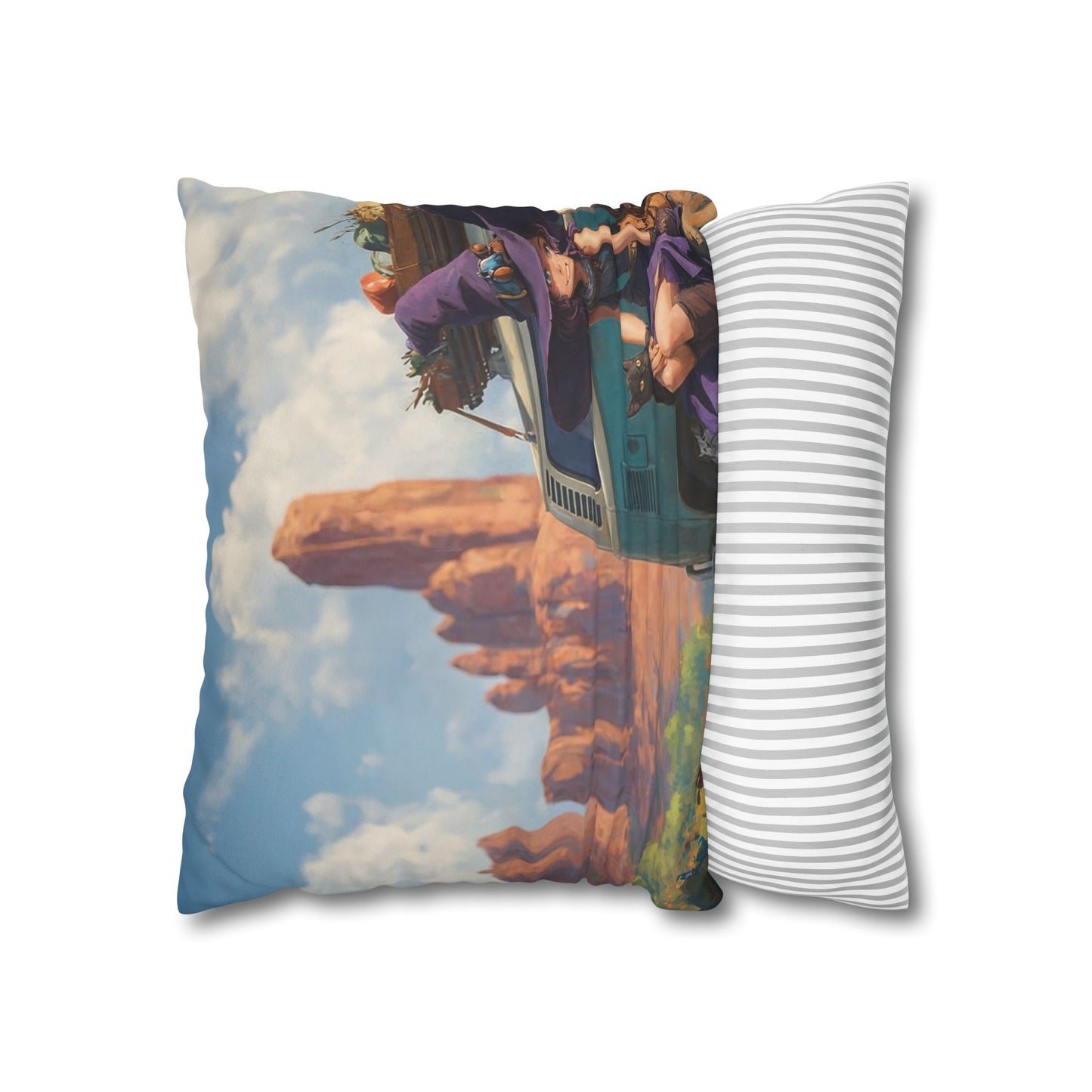 Wagon Ride Faux Suede Square Pillowcase – Desert Camper Adventure Scene