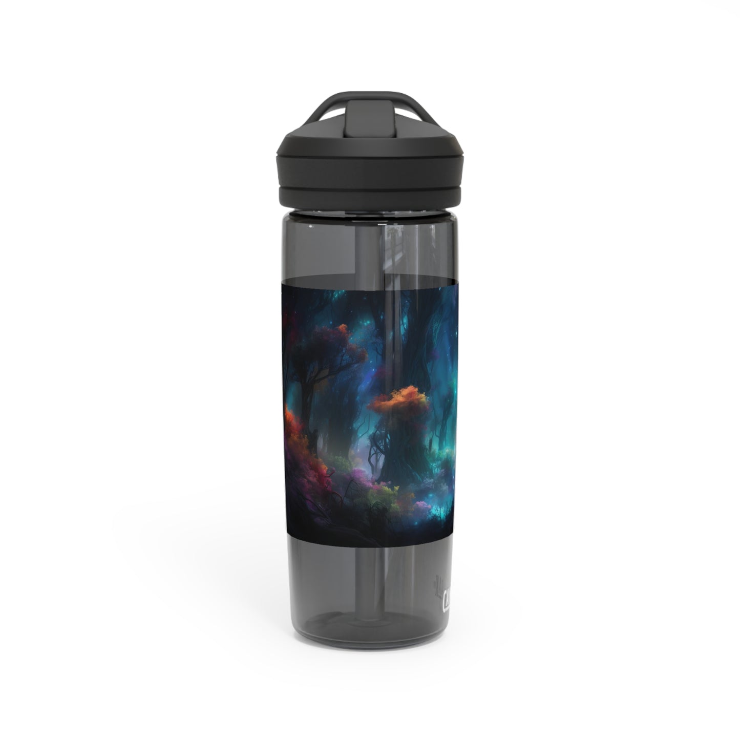 Panoramic digital art of an alien planet's mesmerizing bioluminescent forest, the towering trees adorned with glowing foliage in vivid shades of blue - CamelBak Eddy®  Water Bottle, 20oz\25oz