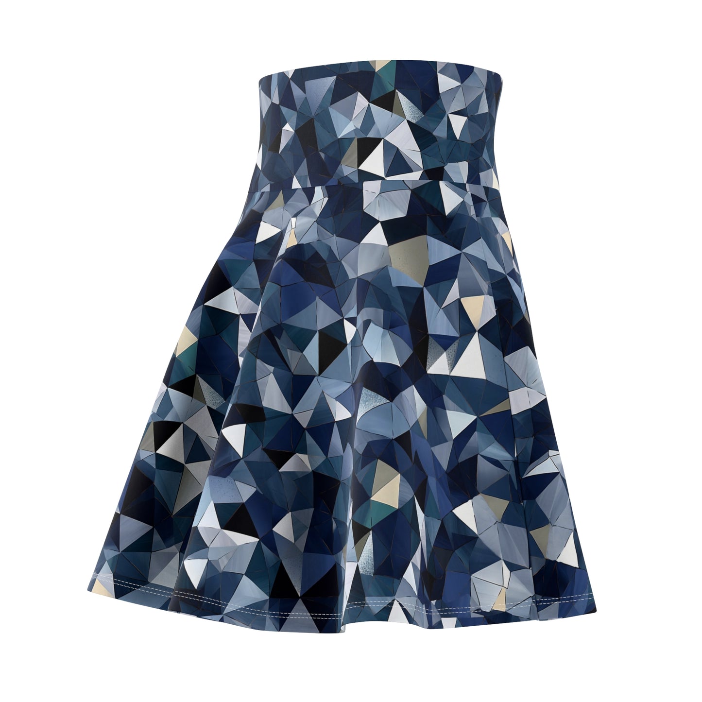 "A geometric pattern inspired by the facets of a telescope lens, using a color scheme of deep navy, cool gray, and shimmering, iridescent accents." - Women's Skater Skirt