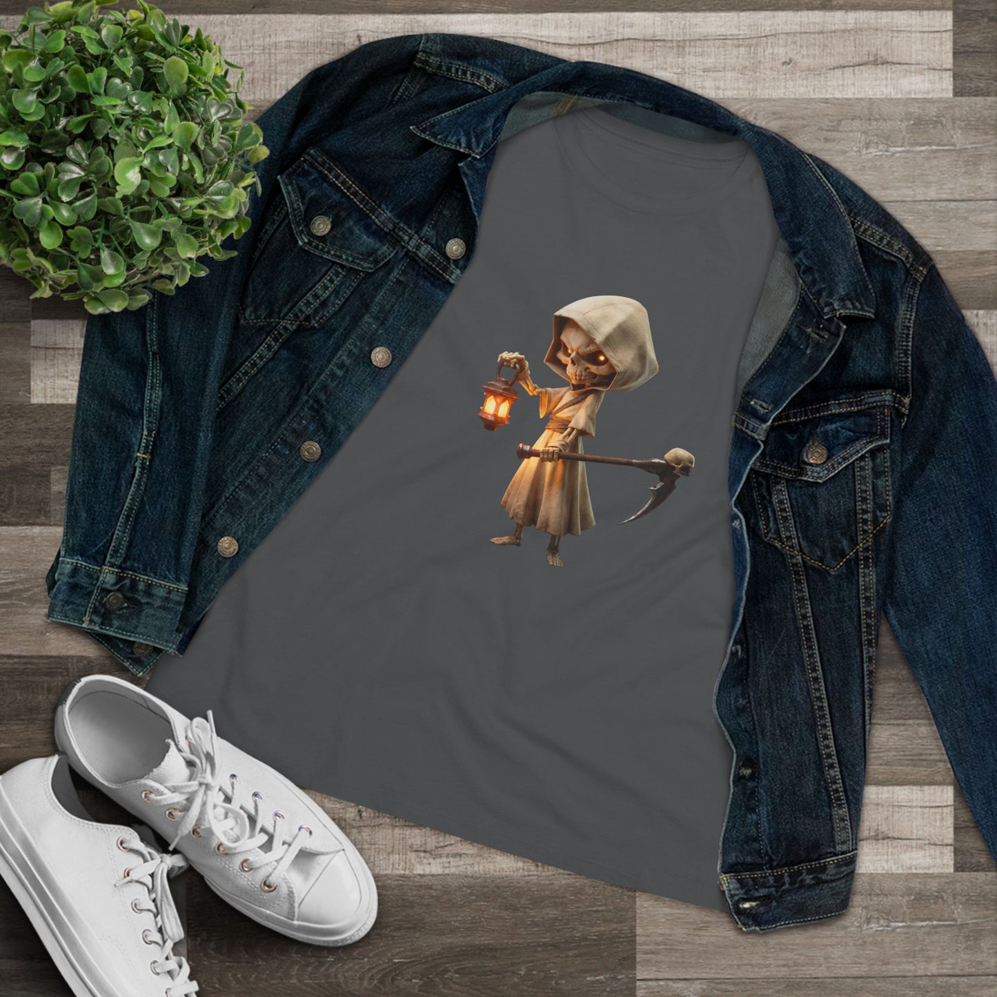 Lantern-Bearing Sentinel Women's Cotton Tee – Hooded Guardian with Scythe