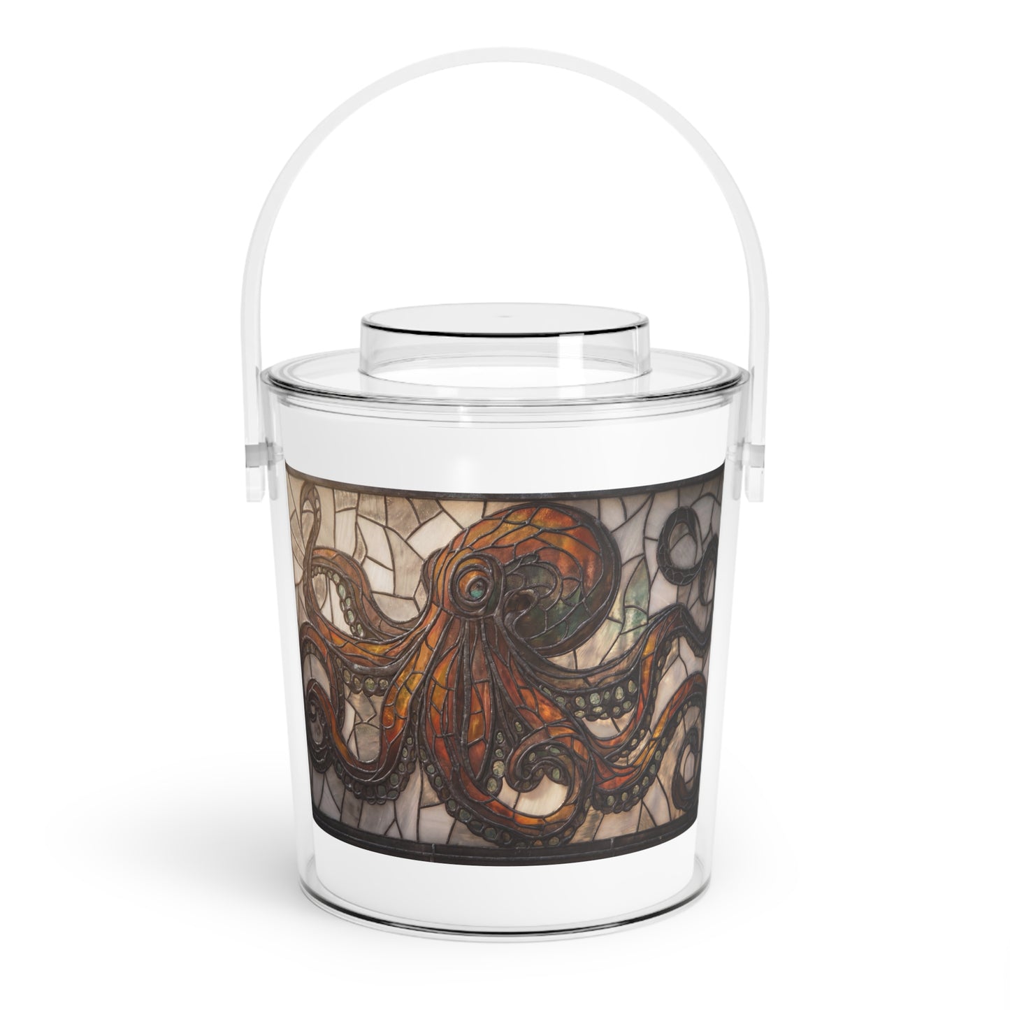 Stained Glass Octopus Ice Bucket with Tongs – Amber Depths & Iron Lace