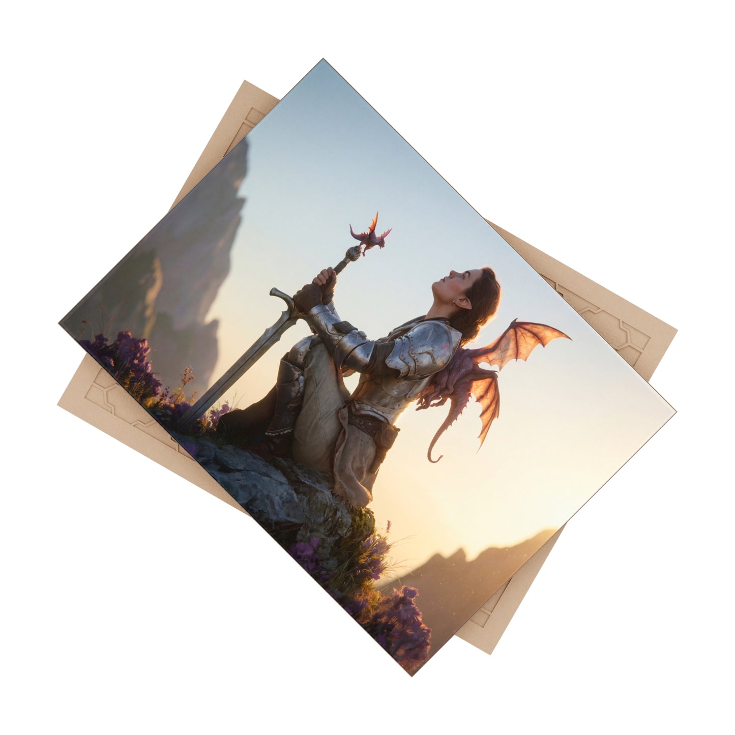 Dragon-Scaled Warrior Ceramic Photo Tile – Sunset Sentinel with Tiny Dragon