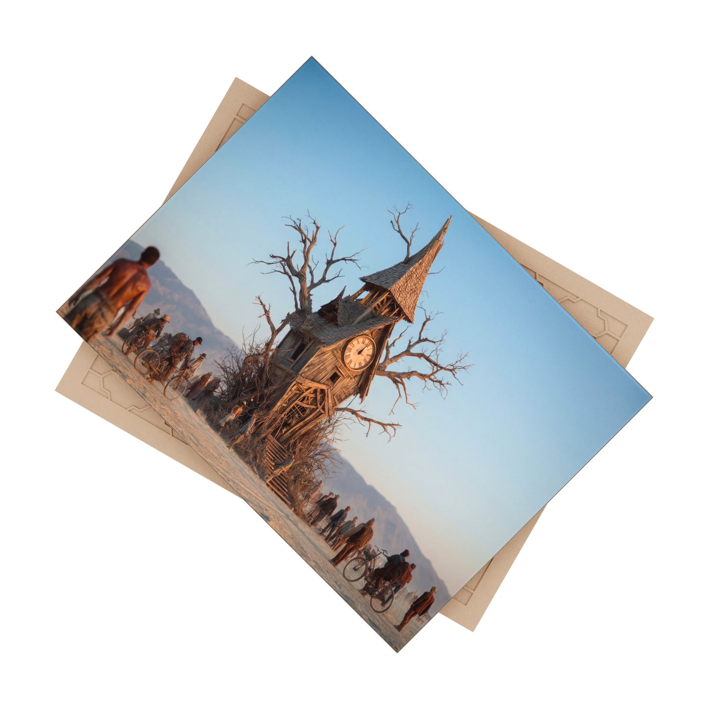 Clock Tower in the Desert Tree Ceramic Photo Tile – Whimsical Timekeeper in a Withered Grove