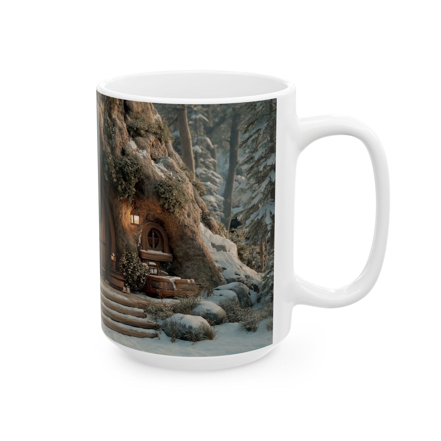 Winter Treehouse Doorway Mug – Snowbound Hearth Glow Ceramic (11oz, 15oz)